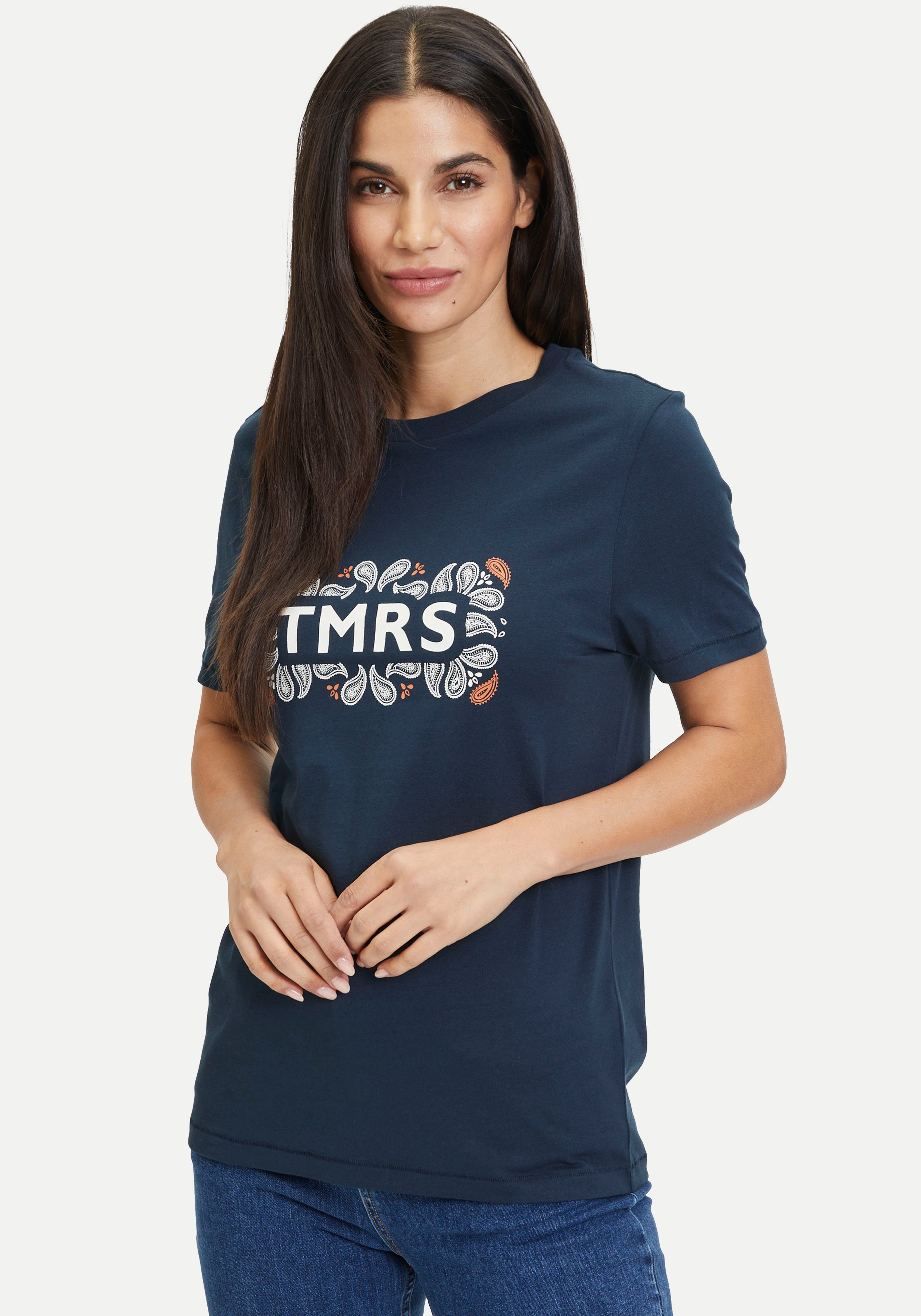 Tamaris Damen Slim T-Shirt – Tiefes Nackenausschnitt, Blau, Mit T-Druck, 95% Bio-Baumwolle, Größe M