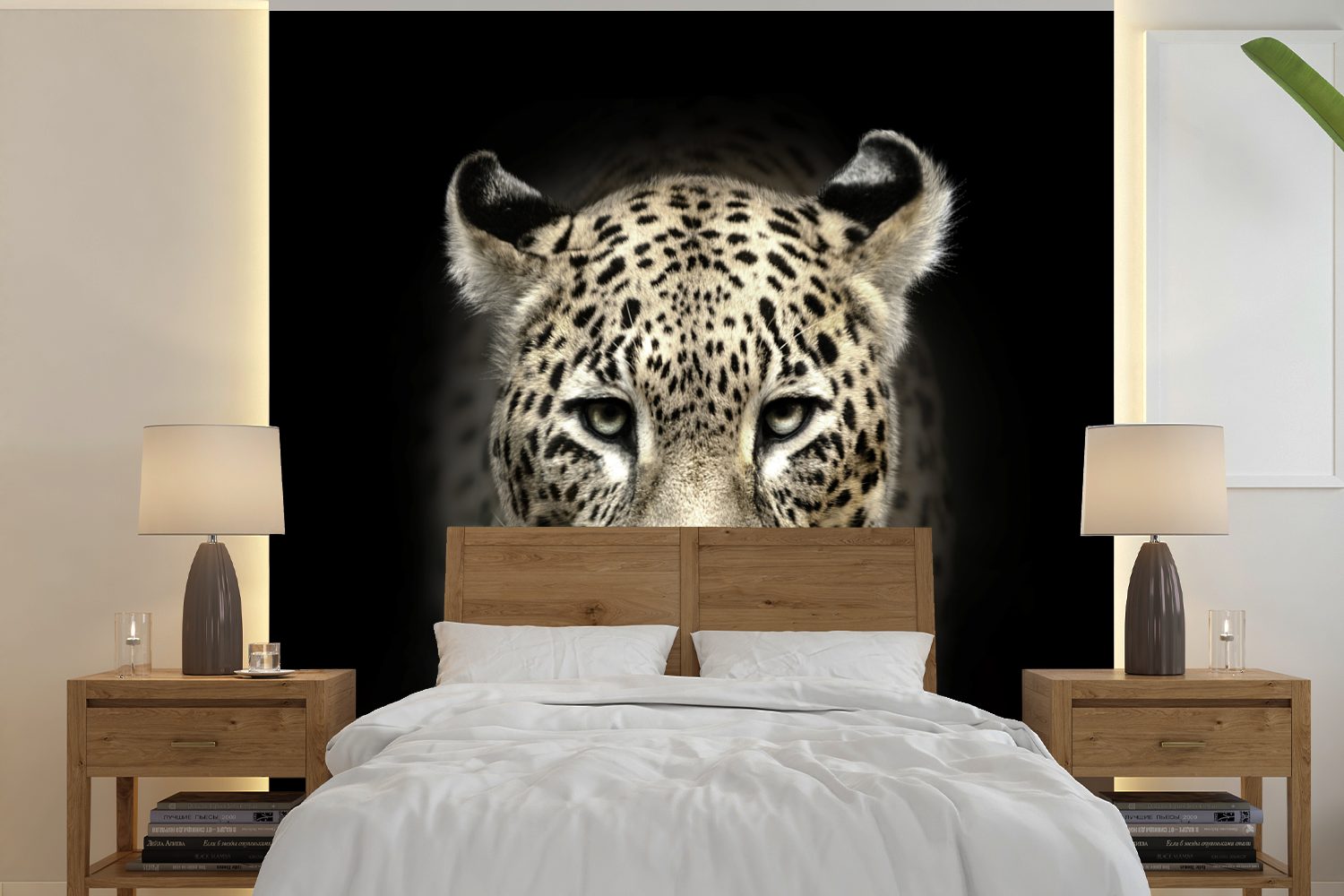 MuchoWow Fototapete Leopard - Schwarz - Tiere, Matt, bedruckt, (5 St), Vinyl Tapete für Wohnzimmer oder Schlafzimmer, Wandtapete