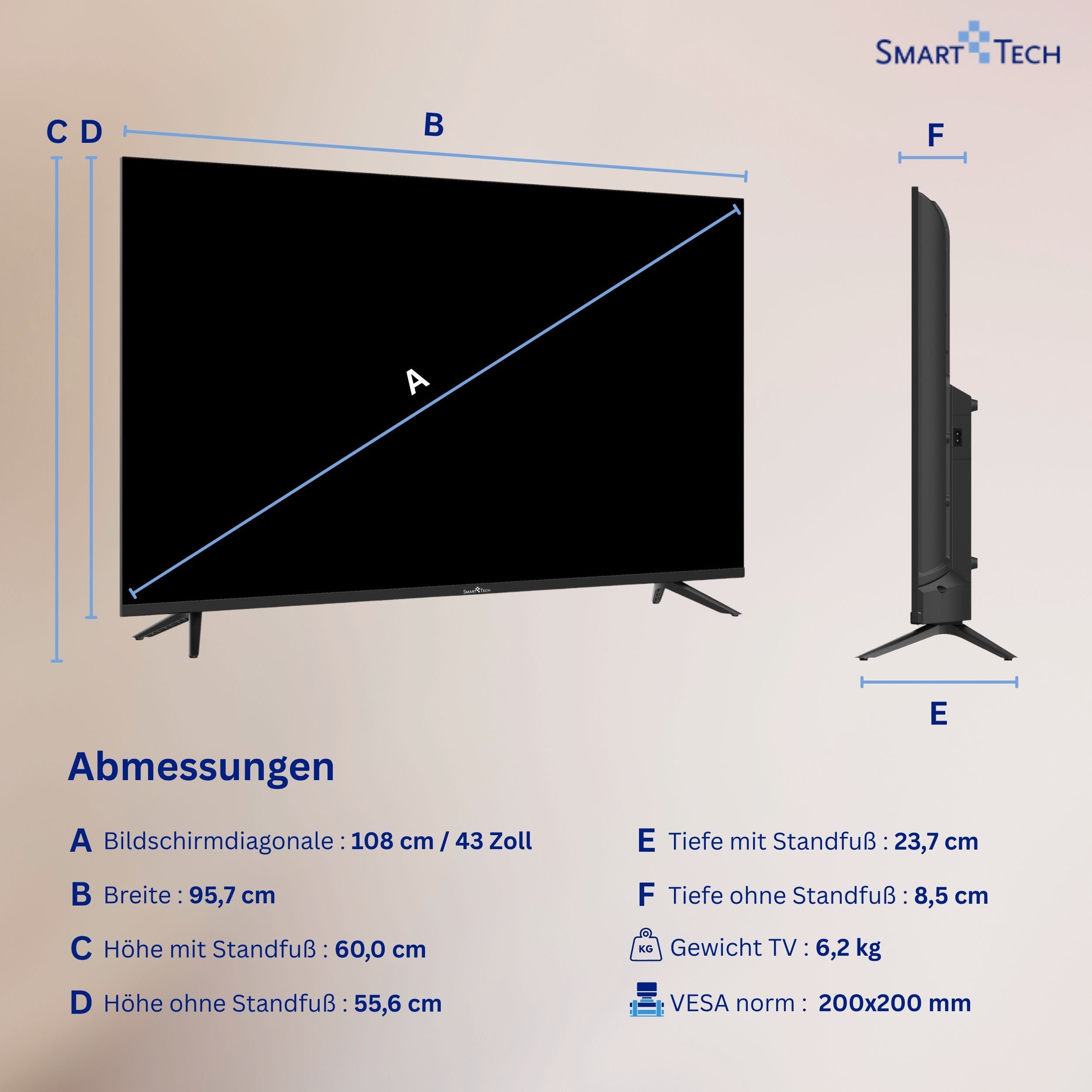 Smart Tech 43QH02V QLED-Fernseher (108 cm/43 Zoll, 4K Ultra HD, Whale TV, Whale Smart TV, HDR, Bluetooth, Triple-Tuner)