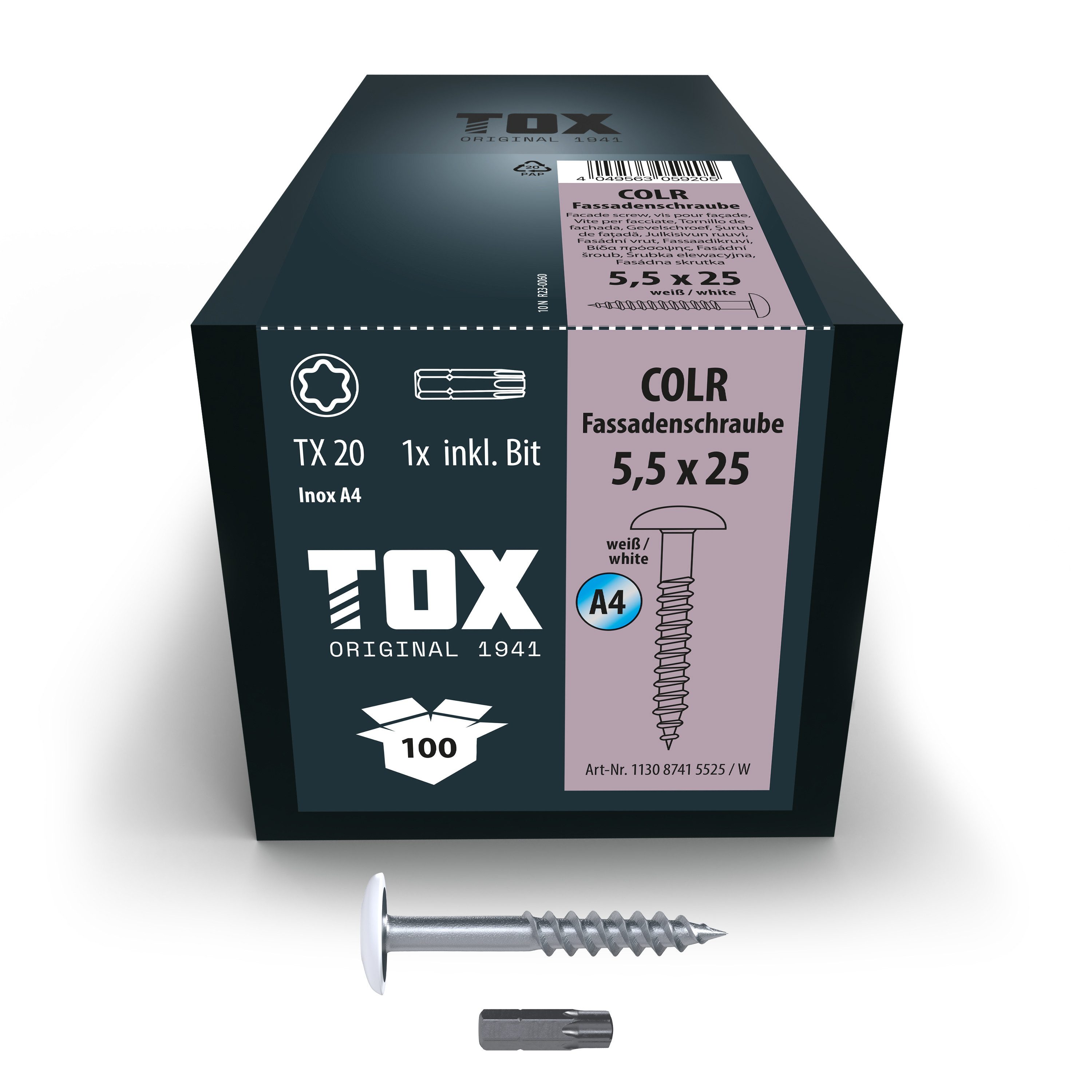 TOX-DÜBEL-TECHNIK Fassadenschraube TOX Fassadenschraube A4 (weiß RAL9010) TX20 COLR 5,5 x 25 (100 Stk)
