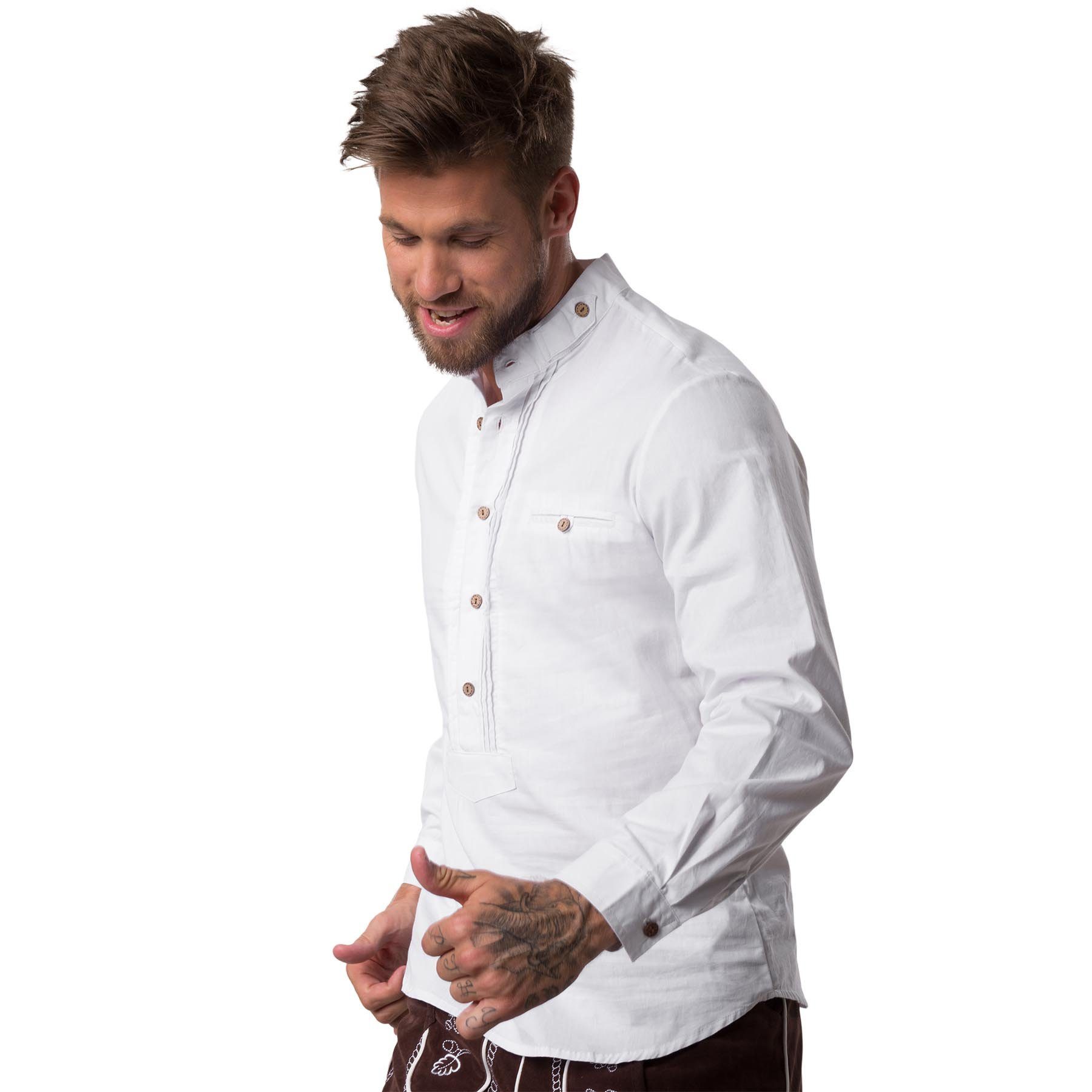 dressforfun Longsleeve Trachtenhemd aus Baumwolle mit Hirschhornknöpfen und Brusttasche (Wiesnhemd, Konfektionsgröße M in weiß) Kragenloser Ausschnitt, Zierknöp – Bild 4 von 5