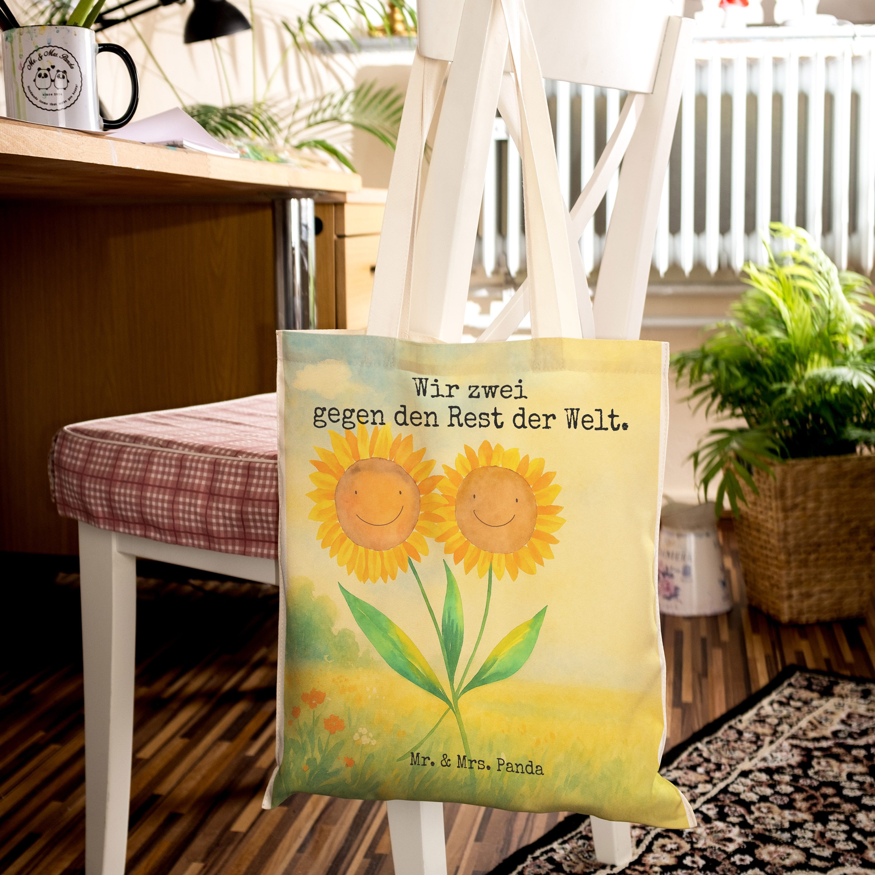 Mr. & Mrs. Panda Tragetasche Blume Sonnenblume Design, Tote Bag, Weiß, Tasche, Garten, Best Friend (Packung), Tragetasche Bedruckt Sonnenblume Freundin