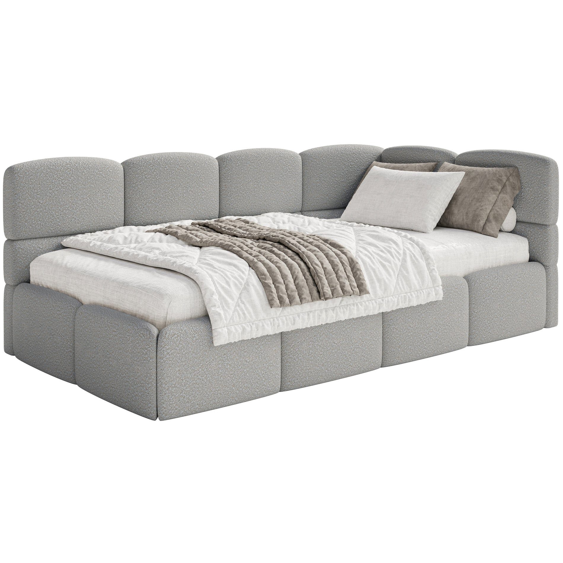 Selsey Jugendbett CLOUDY, mit Lattenrost, Bettkasten und Eck-Kopfteil, Bouclé, 120x200 cm