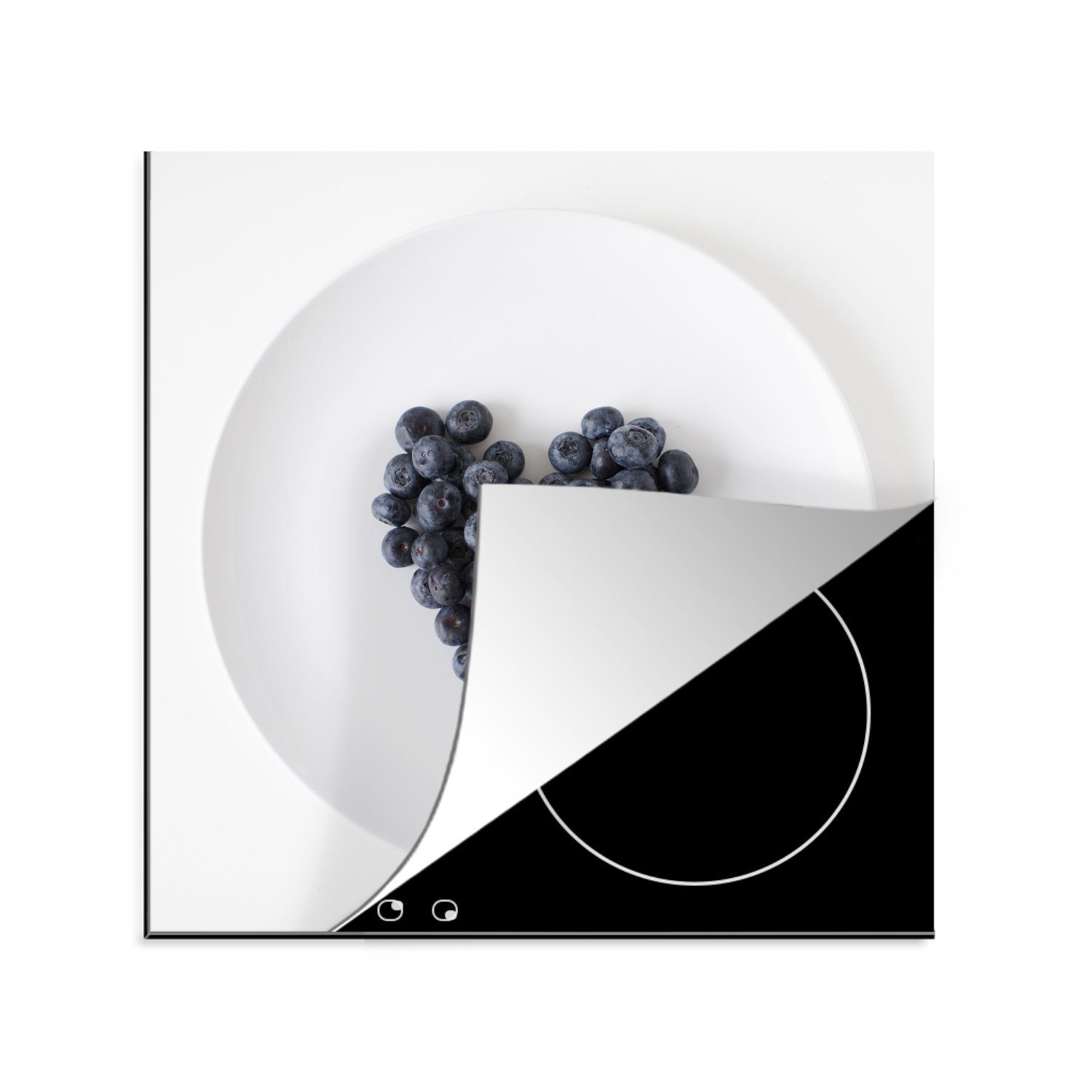 MuchoWow Herdblende-/Abdeckplatte Blaubeeren - Herz - Teller, Vinyl, (1 tlg), 78x78 cm, Ceranfeldabdeckung, Arbeitsplatte für küche