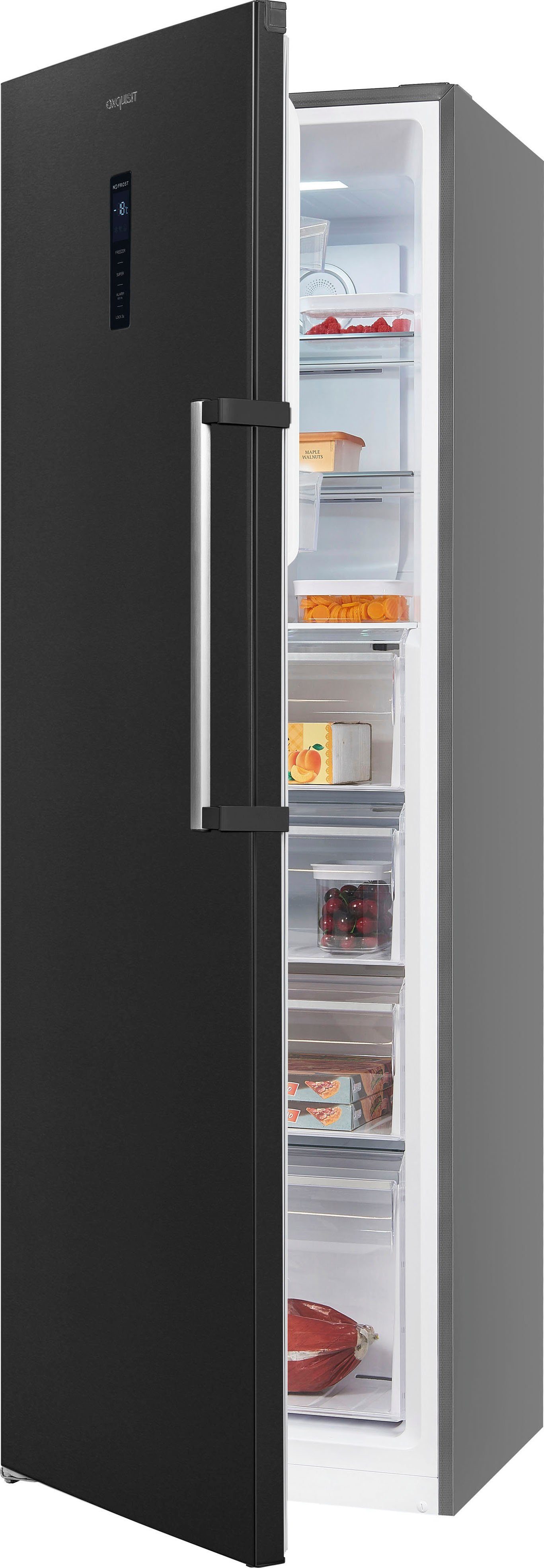 exquisit Gefrierschrank GS295-NF-H-040D, 185 cm hoch, 60 cm breit, 4*-Gefrierschrank NoFrost mit LED-Anzeige&Ice-Maker für schnelles Eis