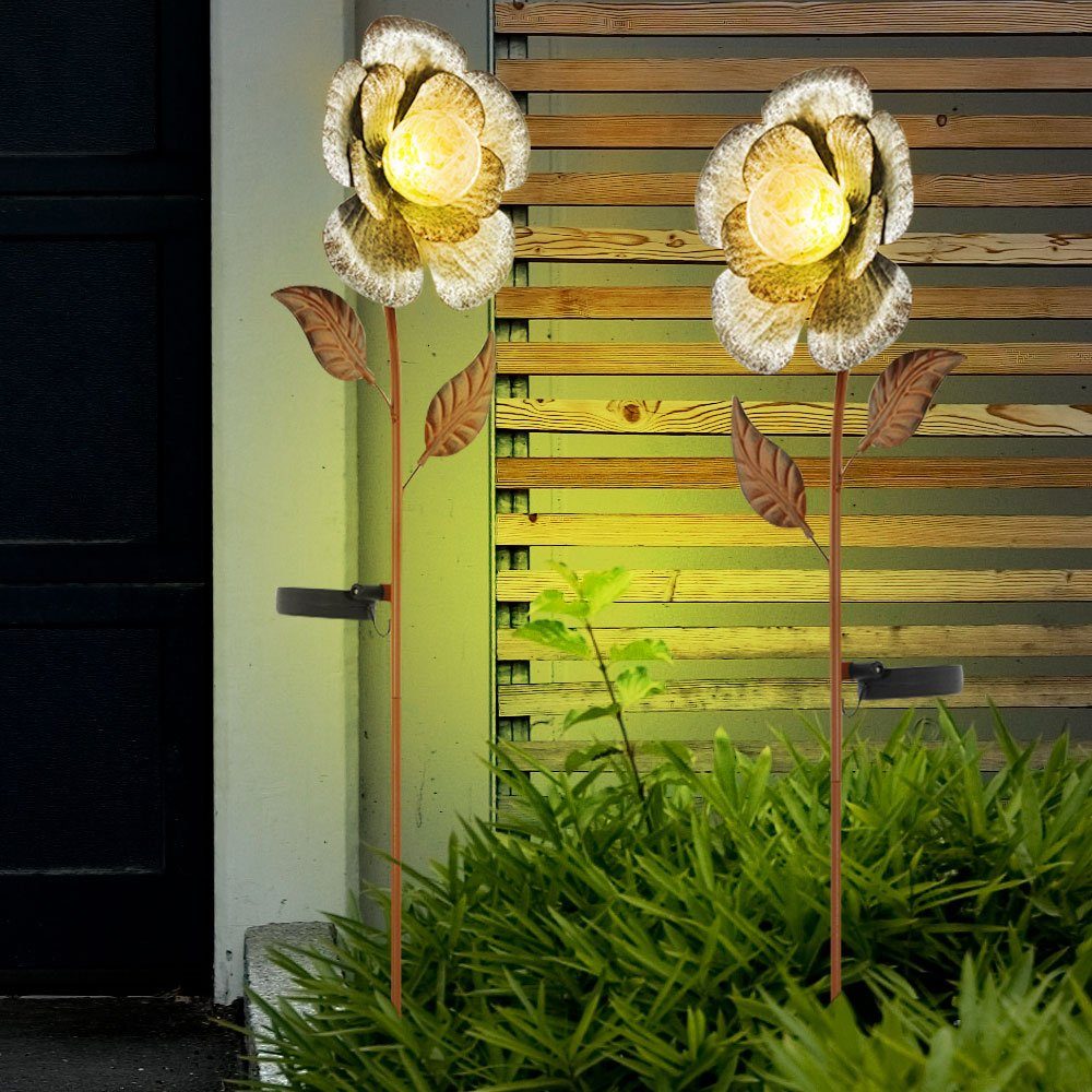 etc-shop LED Solarleuchte, LED-Leuchtmittel Leuchten 2x LED fest Hof Garten Steck Erdspieß Warmweiß, Solar verbaut, Deko Blüten Lampen