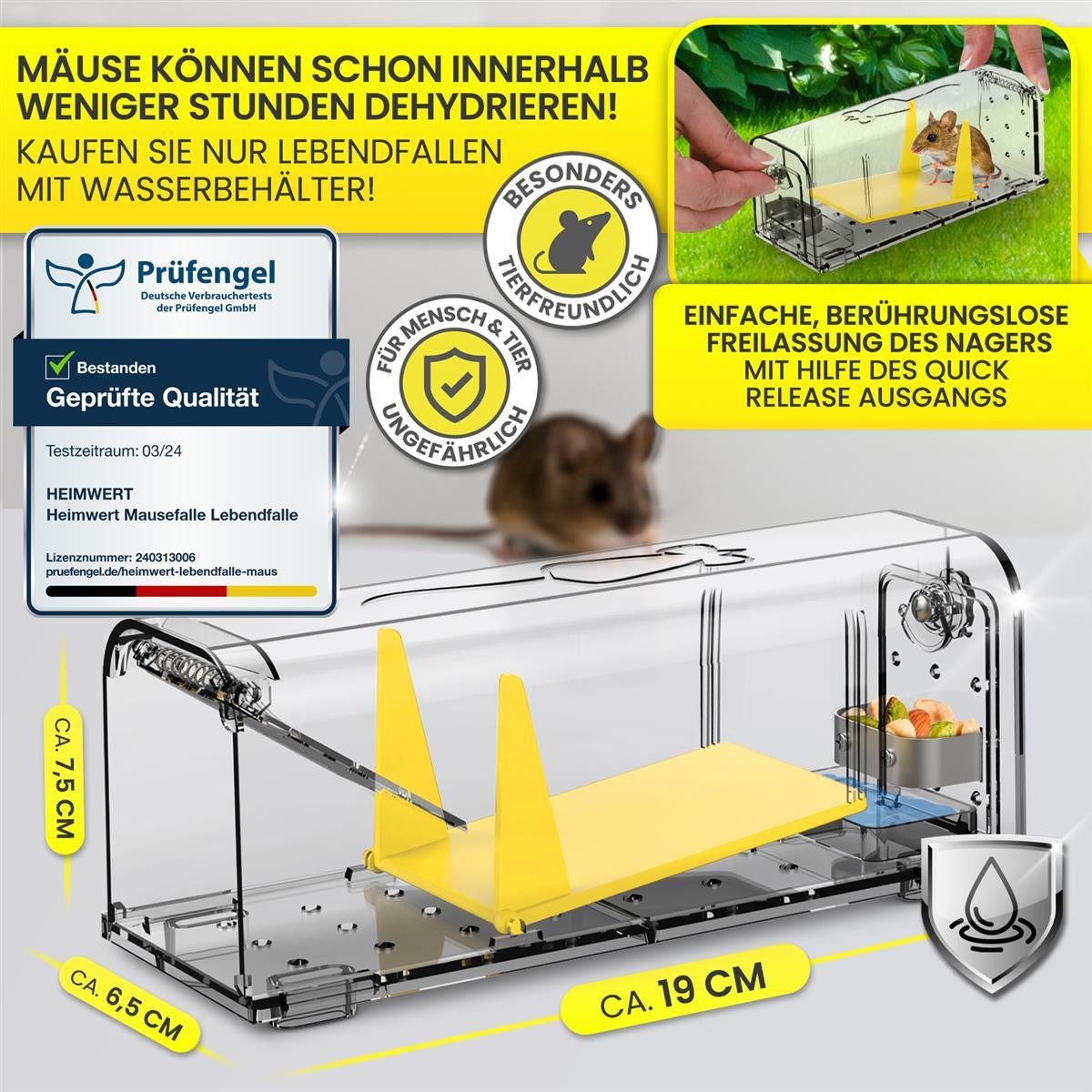 HEIMWERT Kleintierkäfig Lebendfalle Mausefalle Mäuse 2er-Set, mit Wasser Speicher + Köderbox + Ventilationsöffnungen