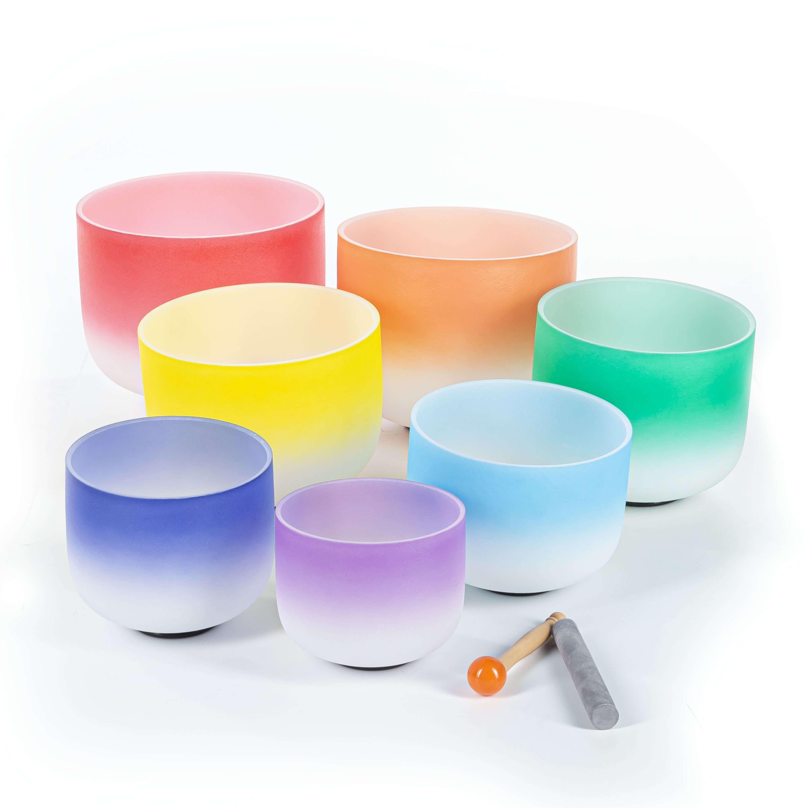 FAME Klangschalen,7pc Crystal Singing Bowl Set Quartz Therapeutic Sound 14" to 8" Red Orange Yellow Green Blue Indigo Blue Purple, Percussion, Klangschalen, Crystal Singing Bowl Set, Quartz Sound Therapy, 7pc Singing Bowl Set