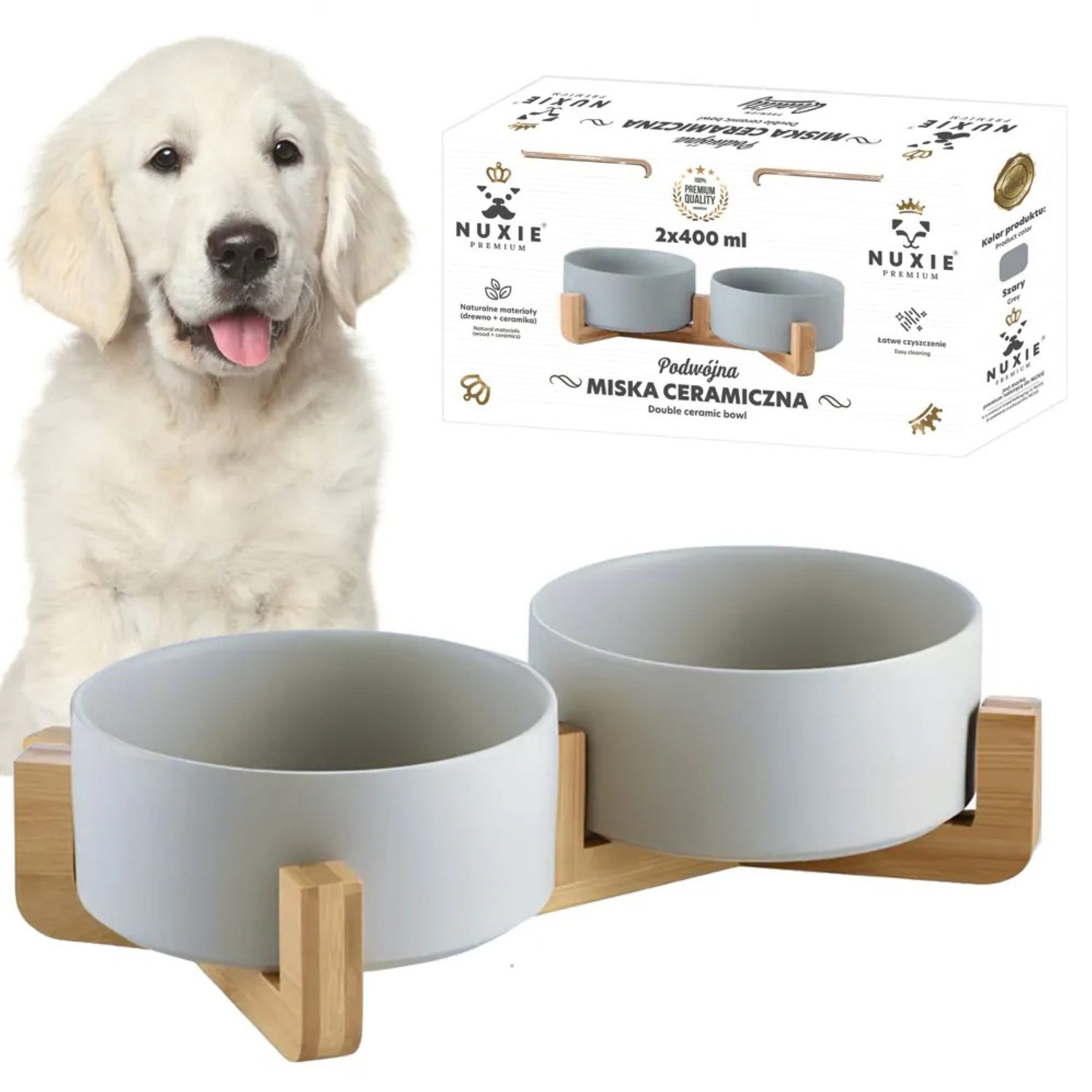 NUXIE PREMIUM Napf-Set Doppelnapf Haustier Futterstation Keramik mit Bambusständer Grau, Keramik, Doppelnapf, Keramik, Bambusständer, rutschfest, pflegeleicht