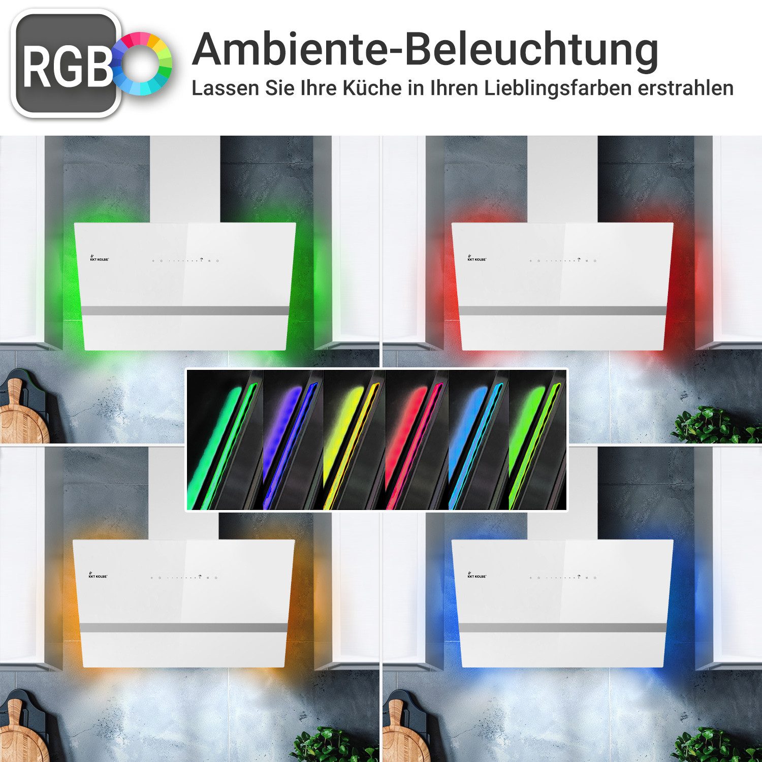 KKT KOLBE Wandhaube Dunstabzugshaube 90cm EASY9005WM RGBW Ambientebeleuchtung Dunstabzugshaube 90cm EASY9005WM RGBW Ambientebeleuchtung, Abzugshaube / Schräghaube / 90cm / Weiß / Glas / LED / Smarte WiFi-App