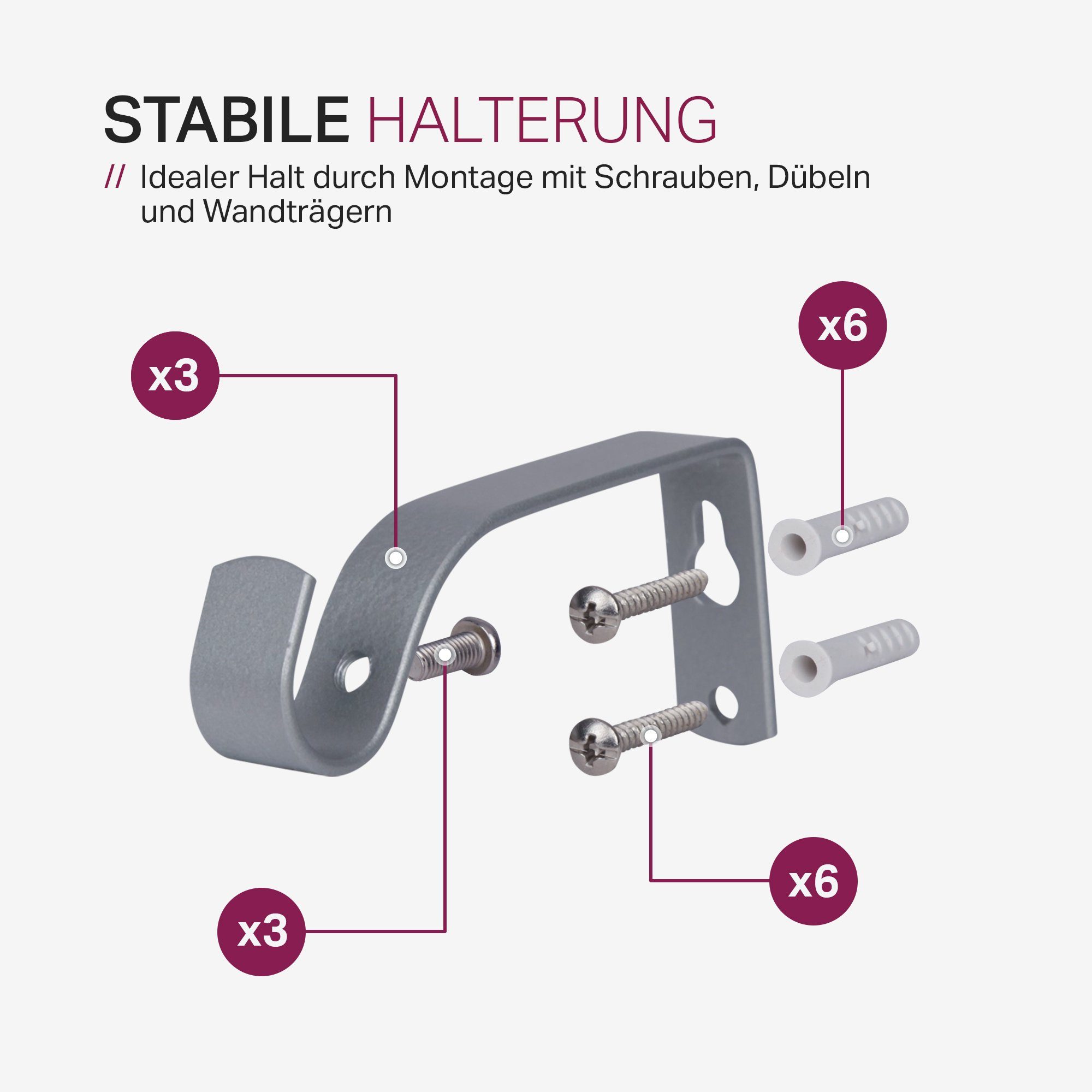 Gardinenstange Stilgarnitur Faltlegehaken mit - Ø 16 Endstücken Silber 05957, Metall, Ringe Vorhangstange mit 120-220cm Endstücken Kunststoff, Wandträger, inkl. Bestlivings, und mm