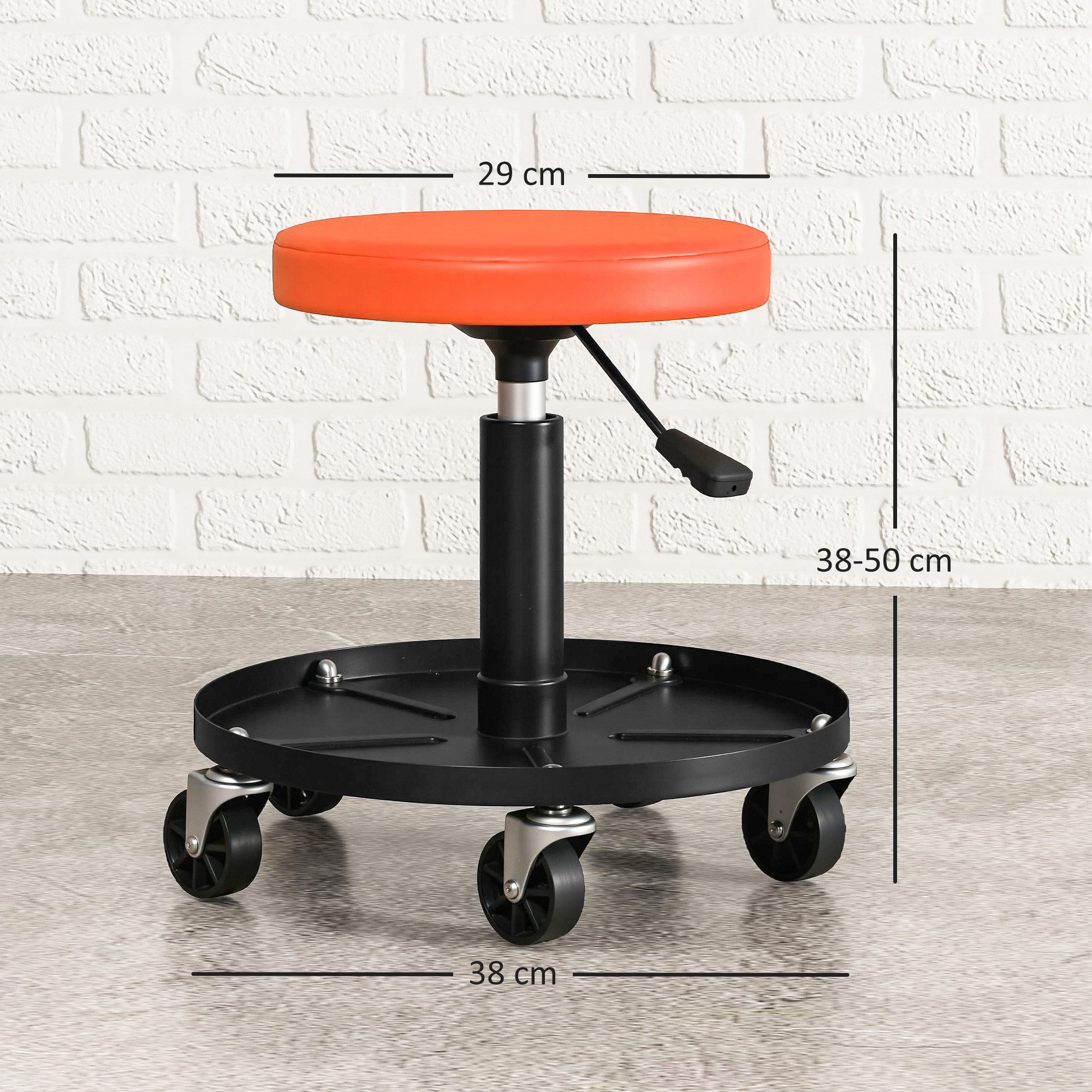 HOMCOM Montagehocker Arbeitshocker mit Rollen Ablagefläche Rollsitz Drehhocker (drehbar Werkstatthocker, 1 St., höhenverstellbar 38-50cm Rollhocker), bis 135 kg belastbar, Ø38 cm Werkstattsitz für Werkstatt Orange