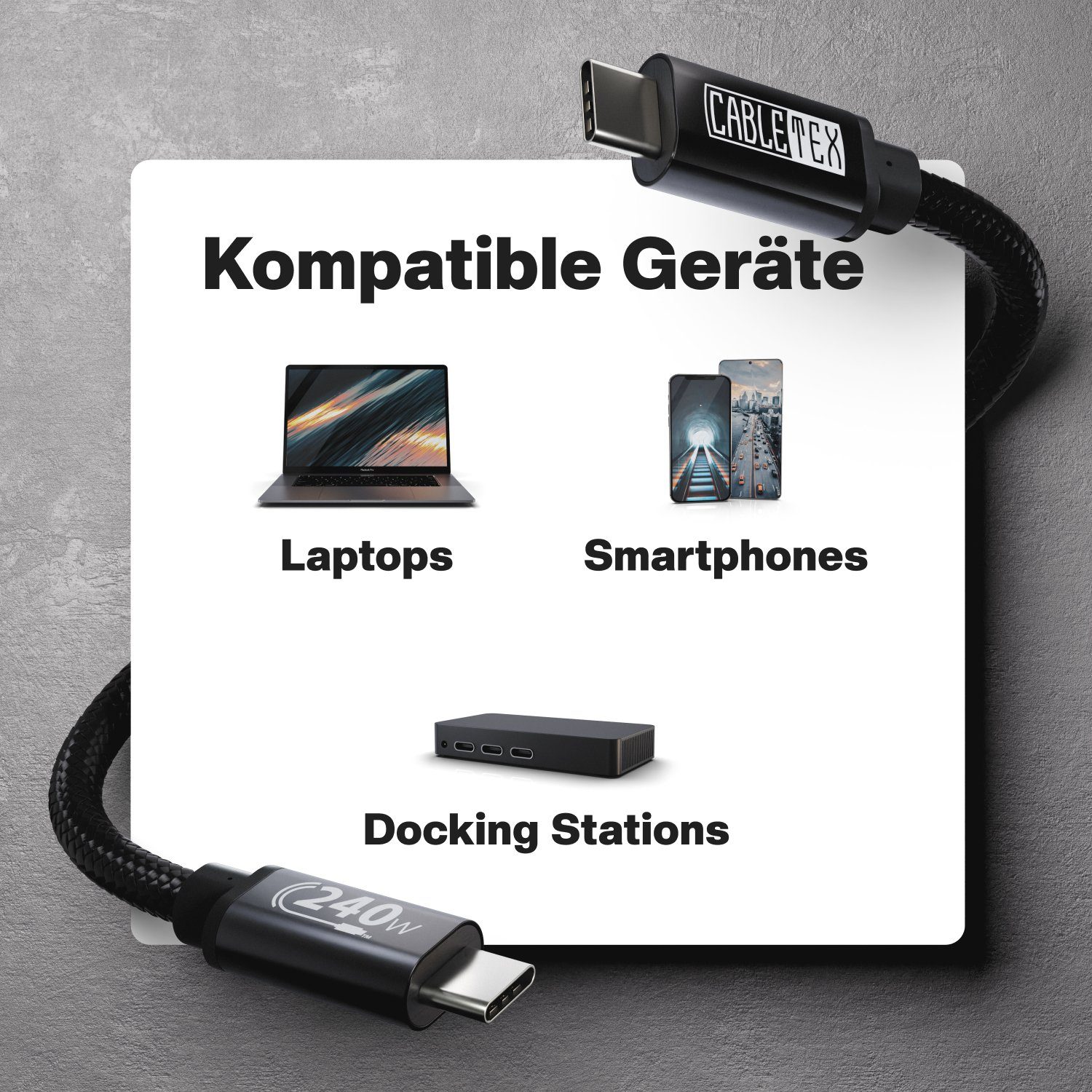 CABLETEX USB C Power Delivery 240W Ladekabel für Laptops & Smartphones Tablet-Kabel, USB-C, USB-C (200 cm), QuickCharge-240W – Bild 4 von 5
