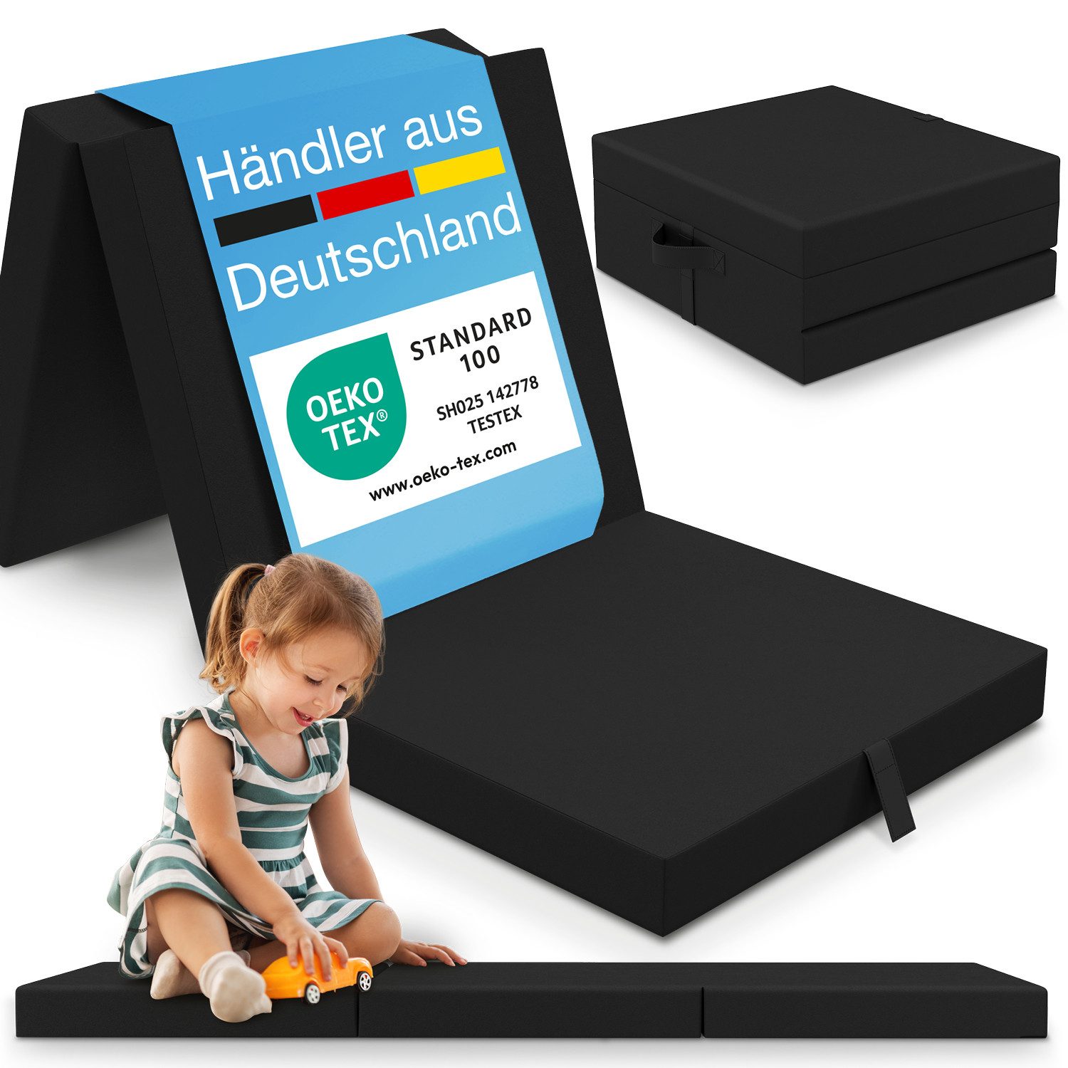 Klappmatratze Faltbare Kinder- & Erwachsenen-Reisematratze für Camping und Reisen, ELONEO, 9 cm hoch, verschied. Motive, inkl. Griff & Halteband