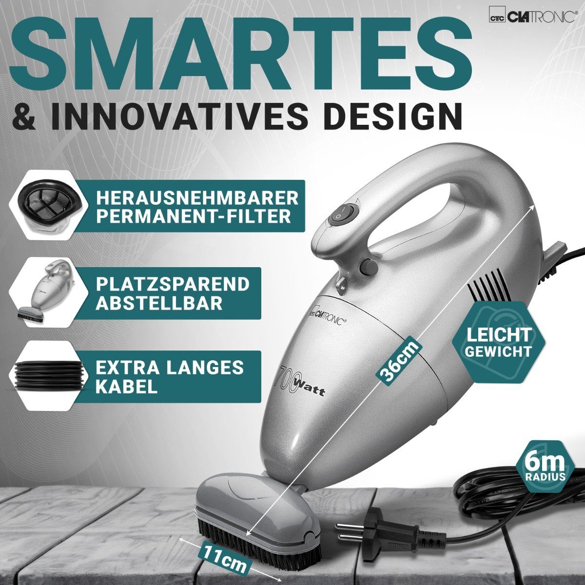 CLATRONIC Handstaubsauger HS 2631, Handstaubsauger mit 700 Watt & geringem Gewicht silberfarben
