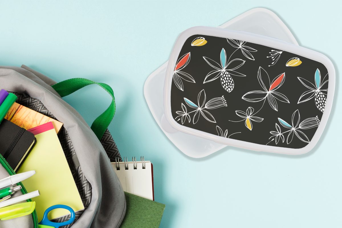 Brotdose, - Blumen Muster, und Erwachsene, (2-tlg), Kinder Mädchen für für Linienkunst Kunststoff, Jungs Lunchbox weiß und MuchoWow - Brotbox