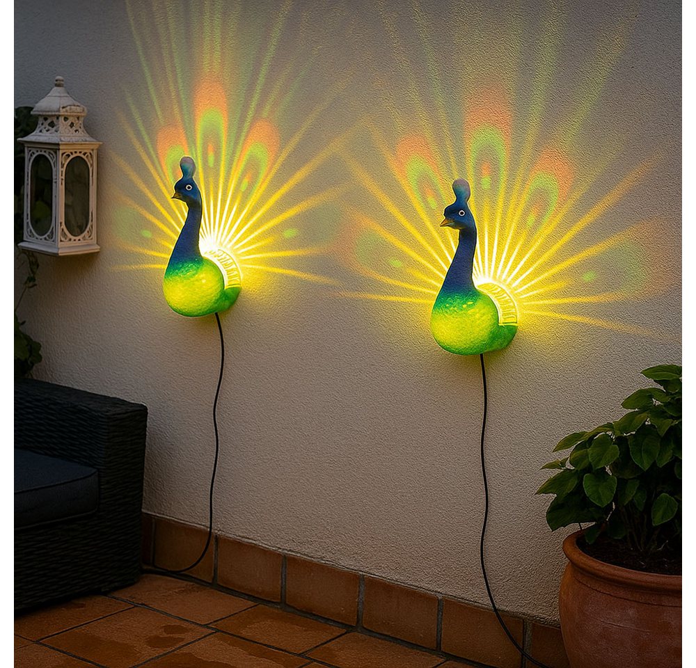 Haushalt International LED Solarleuchte, LED-Leuchtmittel fest verbaut, Solarleuchte Pfau Wandlampe LED Lichteffekt RGB Farbwechsel 2er Set