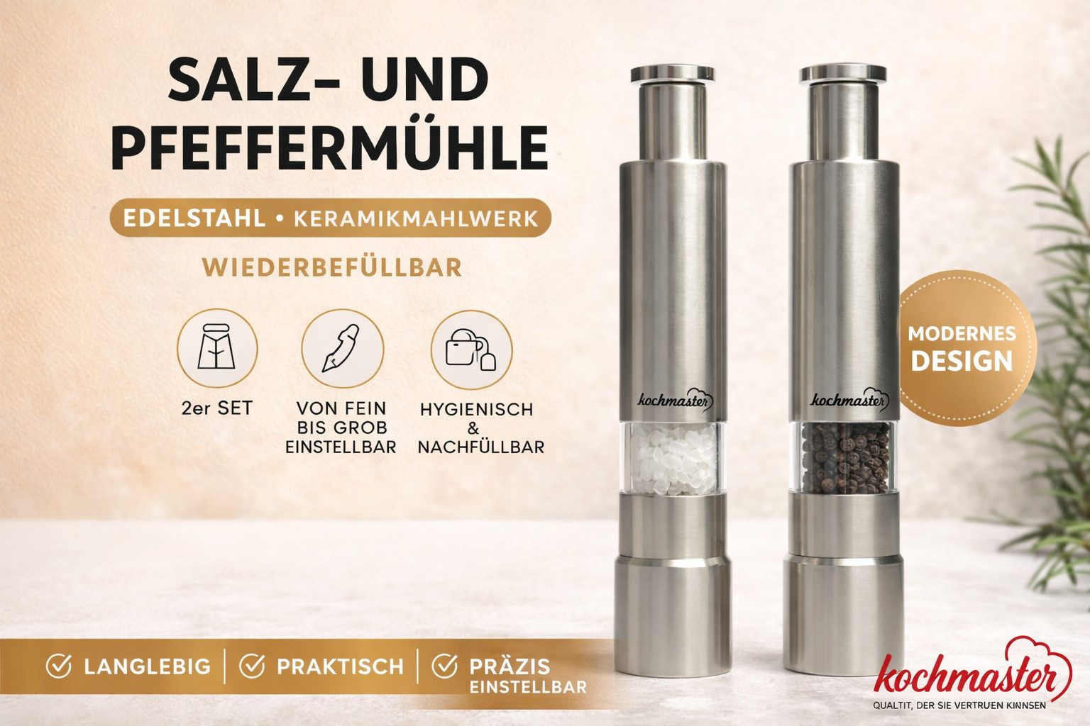 kochmaster Salzmühle Kochmaster Salz- und Pfeffermühle Set 2er – Edelstahl, (2 Stück)