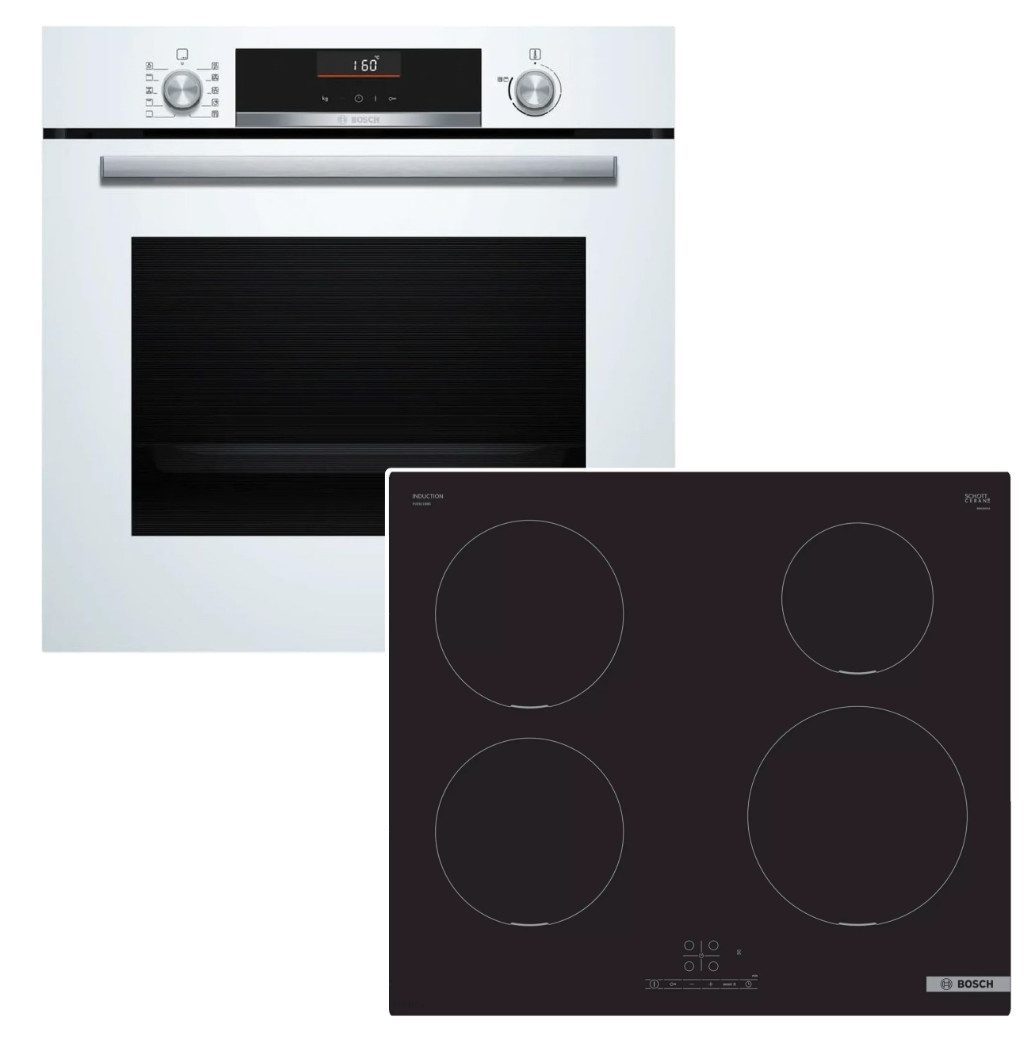 BOSCH Backofen-Set Backofen weiß 3D Heißluft AirFry + Induktionskochfeld PowerBoost, EcoClean Direct