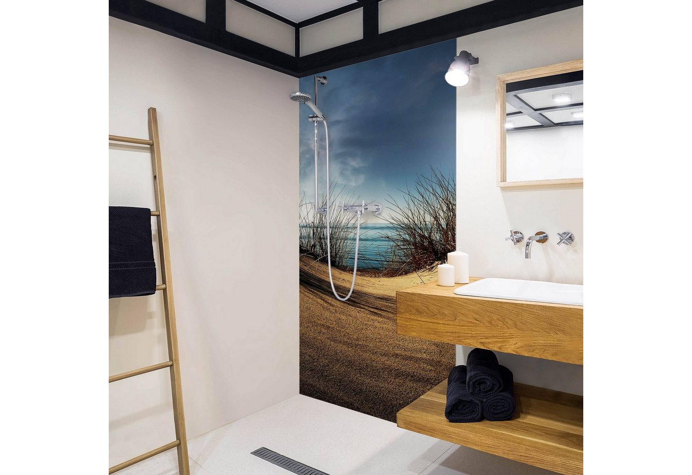 Thumbnail - Bilderdepot24 Duschrückwand Strand beige Duschrückwand ohne Bohren Dusche Natur Meere, (0,61 mm starke Folie selbstklebe...