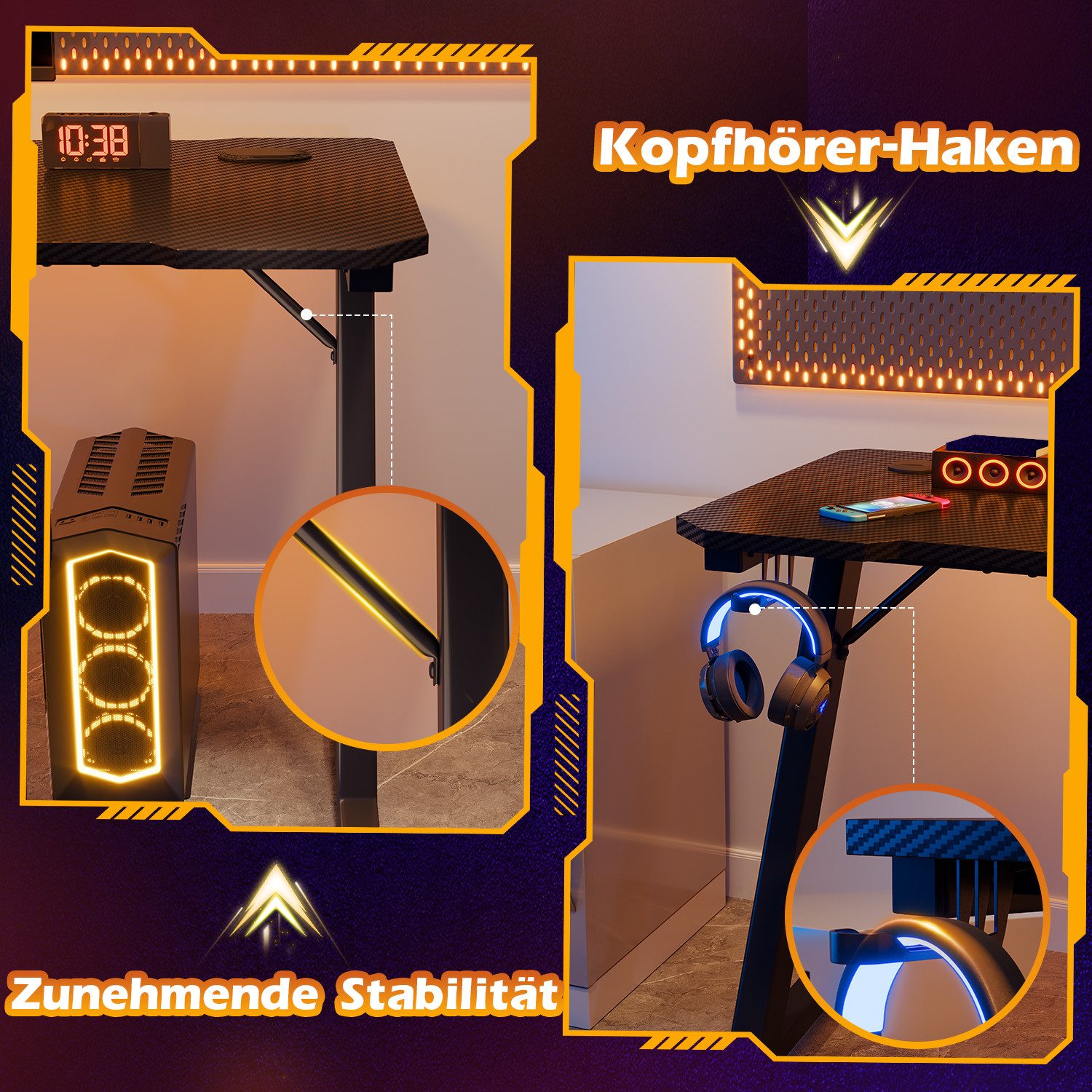 GUNJI Gamingtisch 80/120/140cm Gaming Schreibtisch PC Tisch Z-förmiger (Ergonomischer Gaming Tisch,mit Kopfhörerhaken)