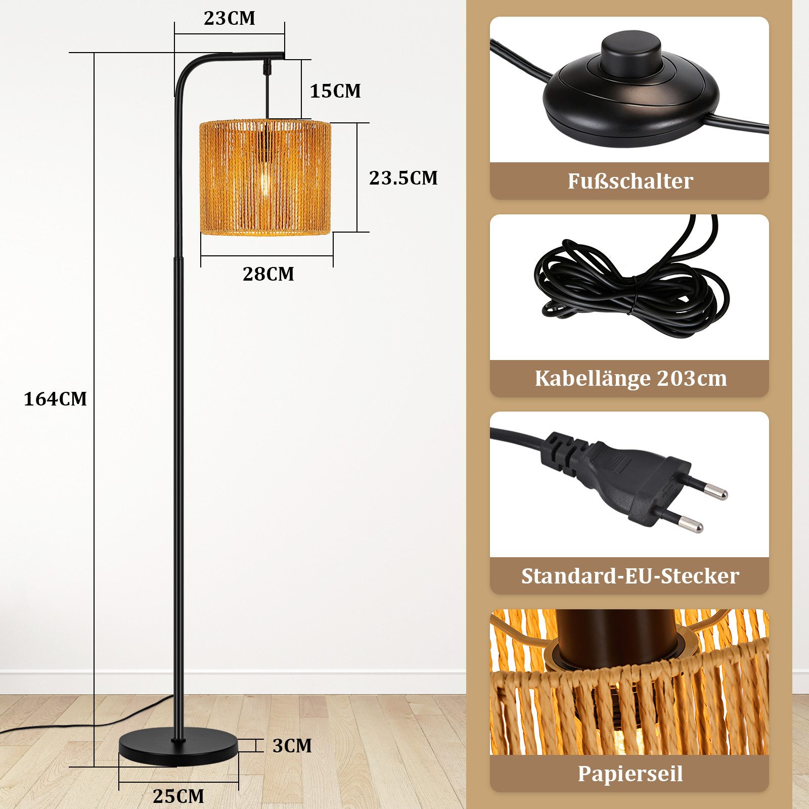 Nettlife Stehlampe Schwarz Vintage rattan Boho Standleuchte Fußschalter 164cm Bogenlampe, ohne Leuchtmittel, Leselampe für Schlafzimmer Terrasse Büro - E27 Fass – Bild 3 von 5