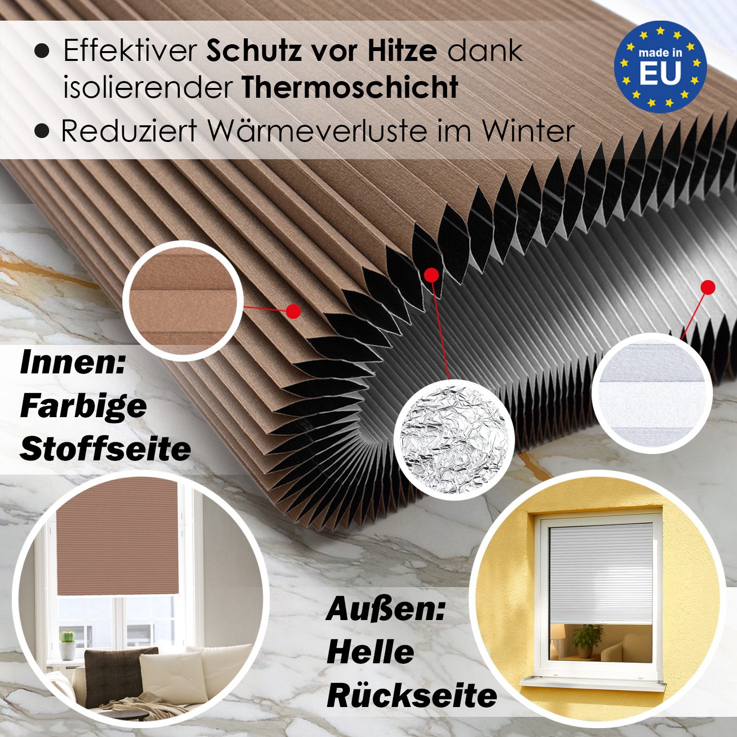 DomDeco Wabenplissee Thermo Plissee ohne Bohren - Hitzeschutz, Verdunkelung, verspannt, abdunkelnd, Klemmfix, stufenlos, kälteschutz, modernes Fensterplissee – Bild 2 von 5