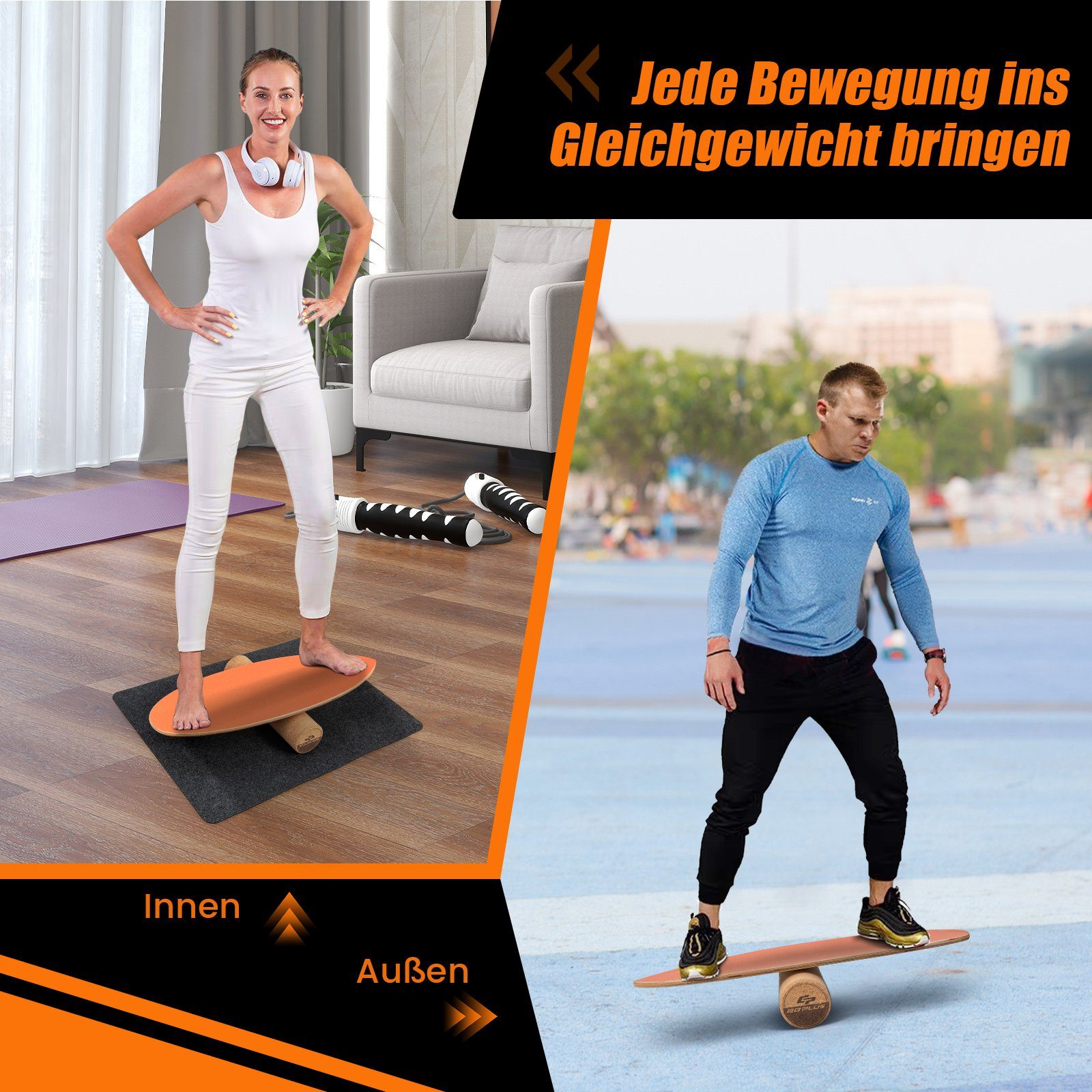 COSTWAY Balanceboard, aus Holz, für zuhause, inkl. Korkrolle, bis 227kg