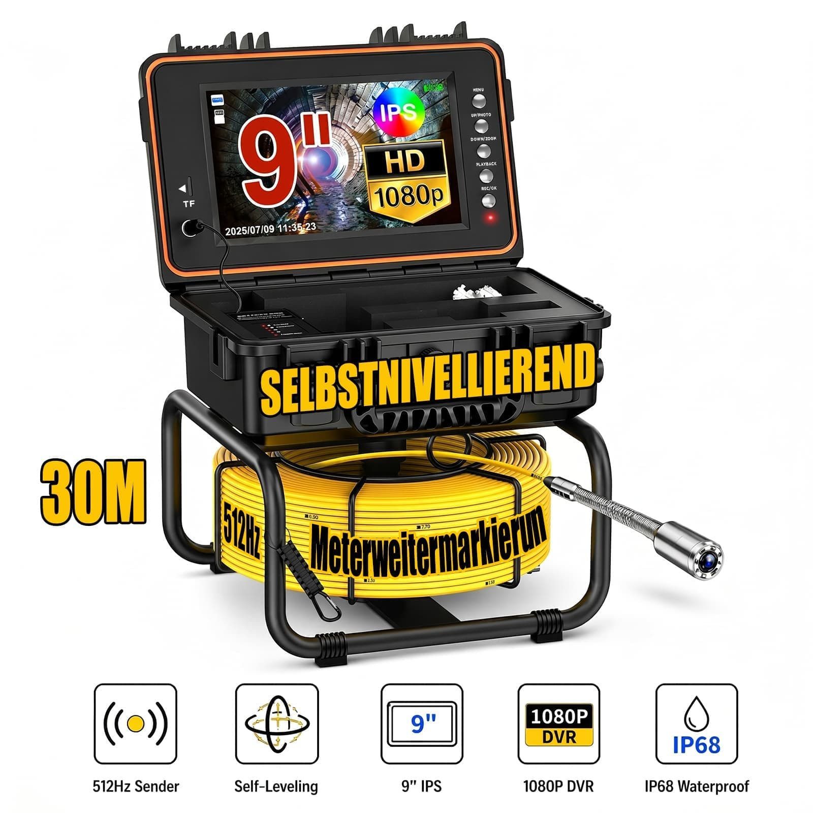 ANYSUN L09D1 Rohrkamera 30M mit Sender, Selbstnivellierung und Meterzähler Inspektionskamera (Kanalkamera mit 23mm Wasserdichter, 9" IPS Bildschirm, 1080P DVR, 5mm Kabel, 5100mAh Akku)