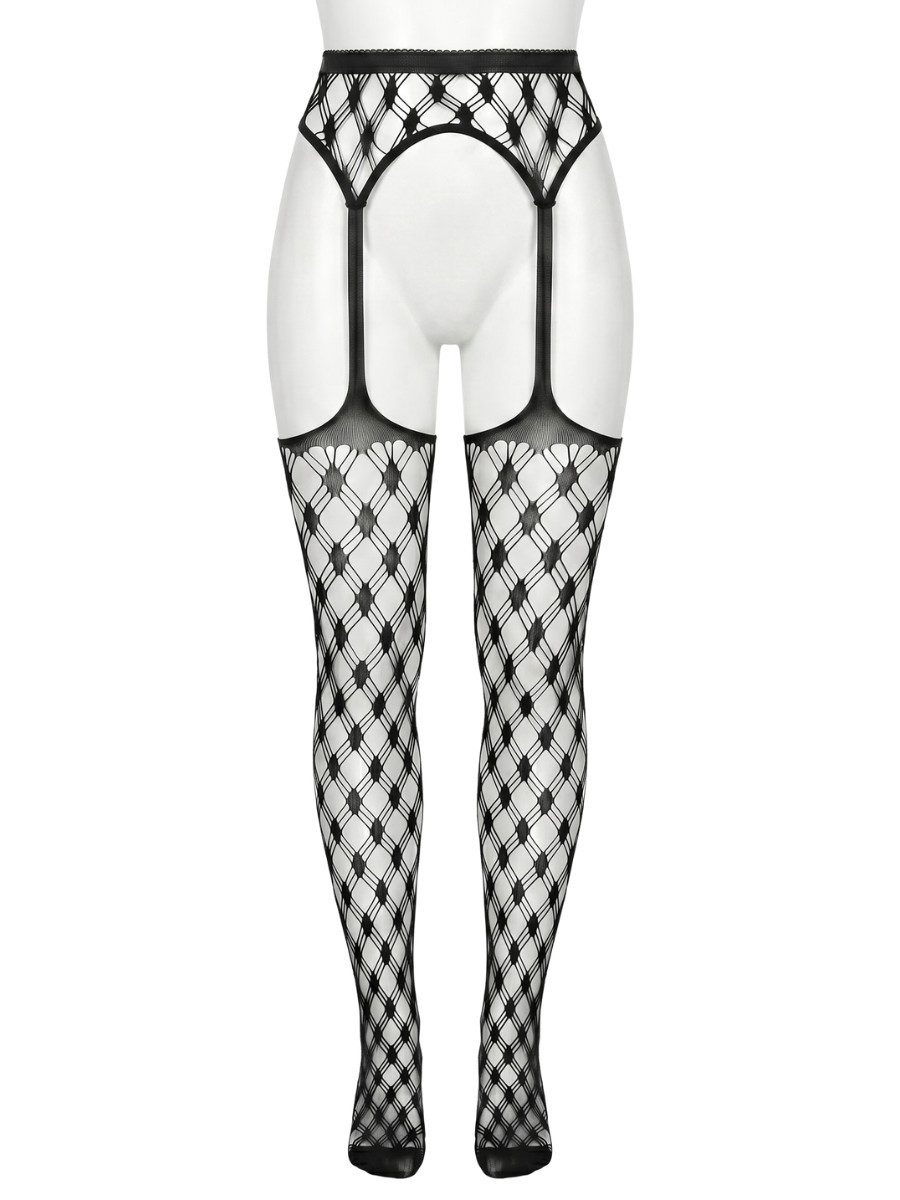 Elegant Love Netzstrumpfhose Feine Stockings für Damen – Stilvolle Strapsstrümpfe aus Spitze Lingerie mit offenem Schritt – schwarz