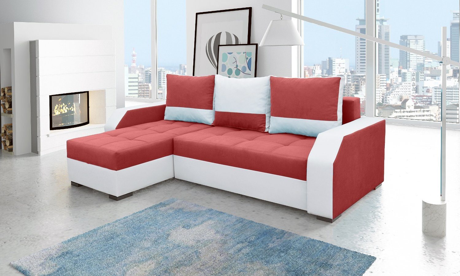 JVmoebel Ecksofa, Design Ecksofa Bettfunktion Couch Leder Textil Polster Sofas Couchen Rot / Weiß