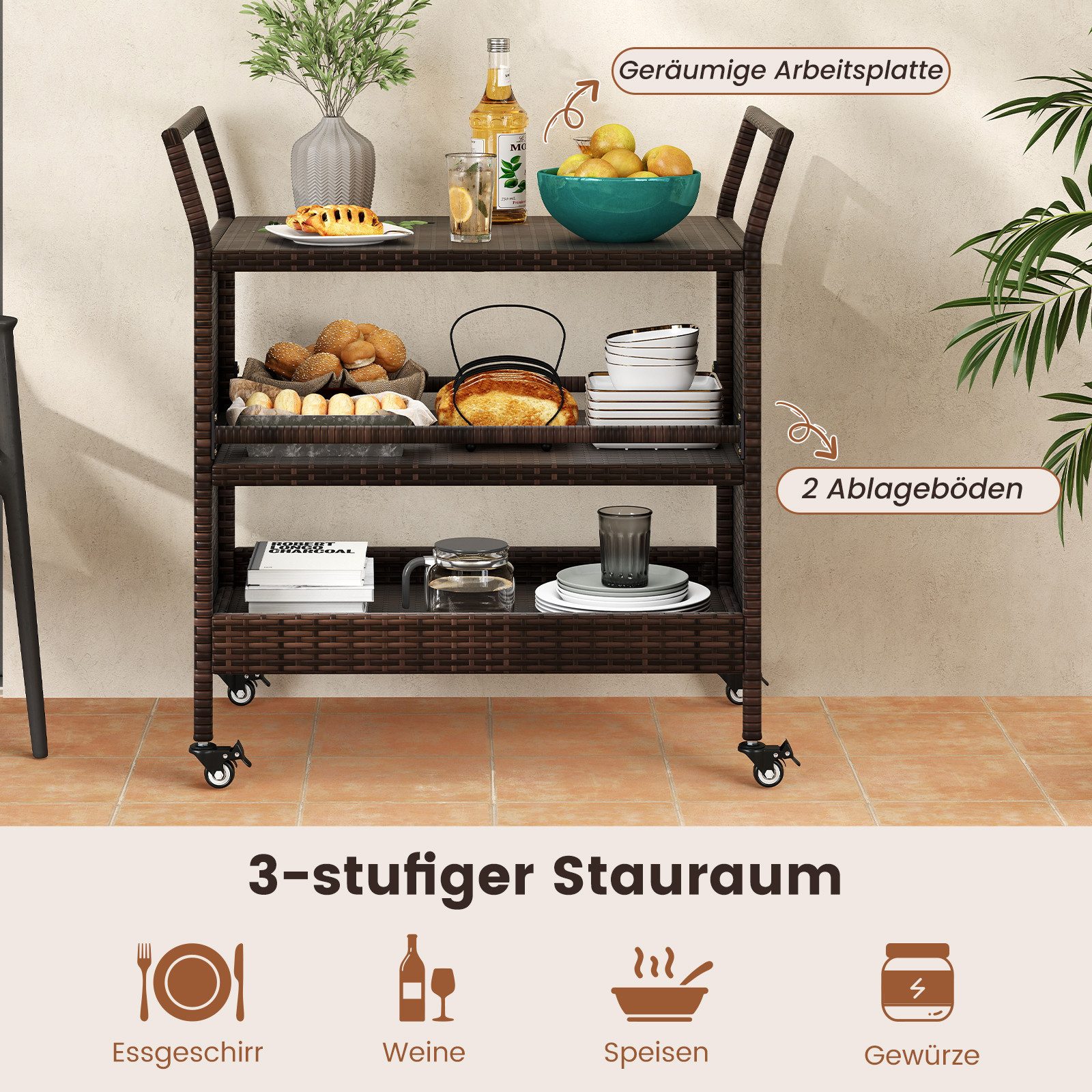 COSTWAY Servierwagen, Küchenwagen, Beistellwagen mit 3 Ablagen & Rollen