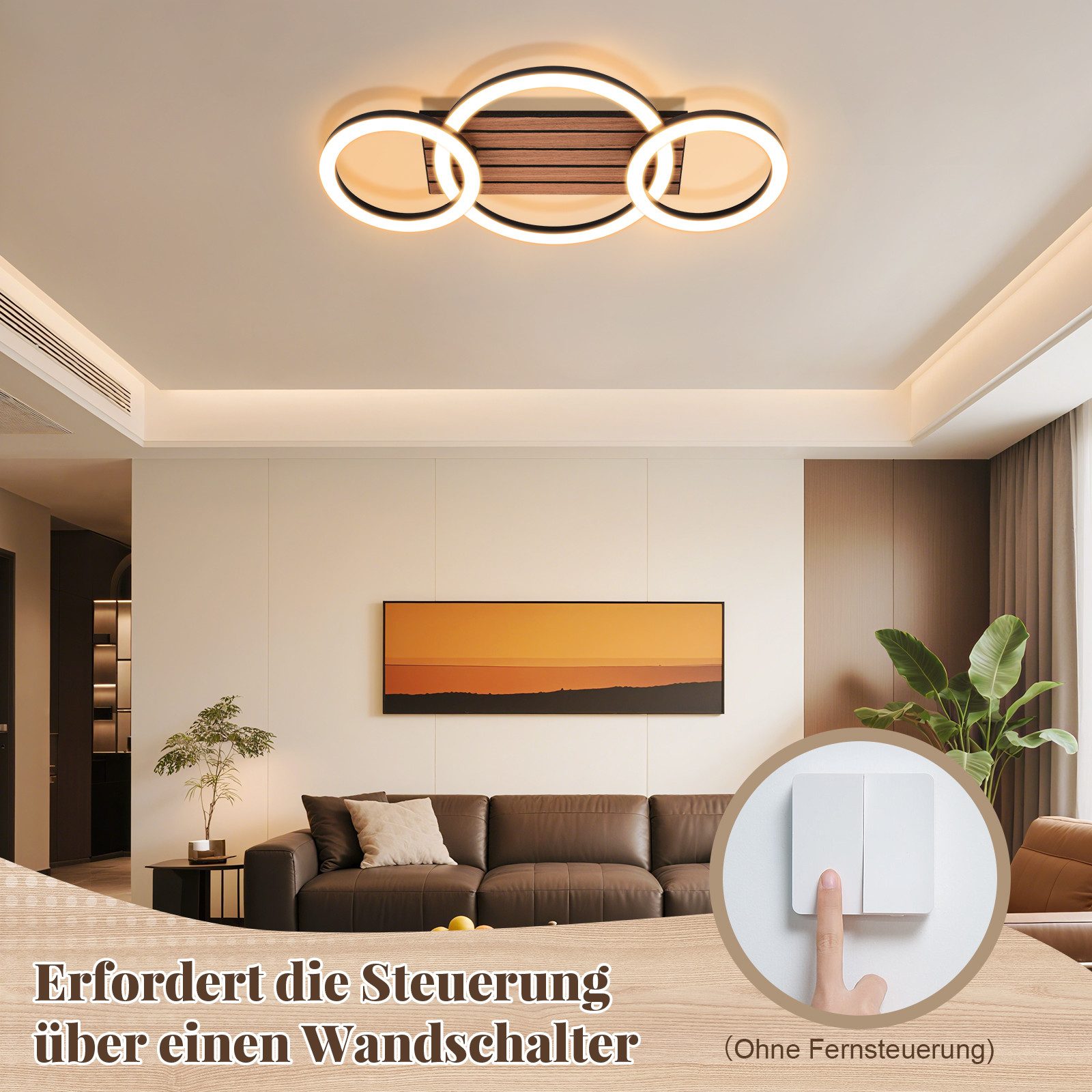 Nettlife LED Deckenleuchte Retro schwarz 14/21W eckig 3000K Warmweiß Design lampe Holz, LED fest integriert, für Küche Schlafzimmer Flur Wohnzimmer Bürolampe Zu – Bild 3 von 5