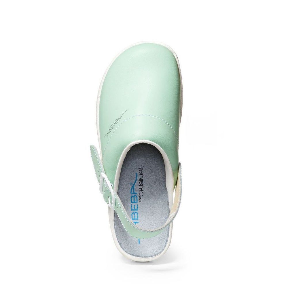 Abeba The Original Clog Mint-Weiß – Glattleder Holzfußbett OB Src Berufsschuh