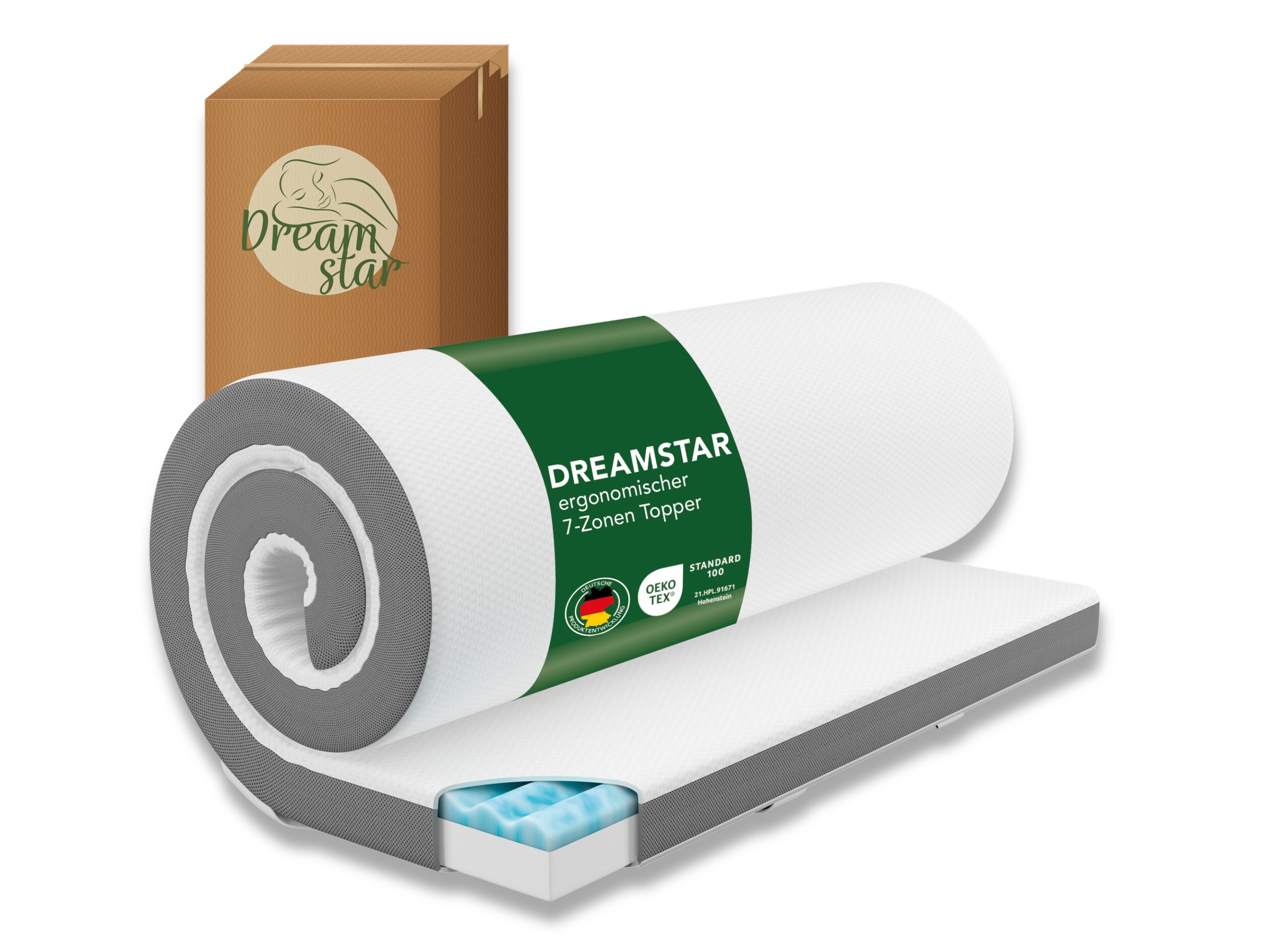 Dreamstar, Topper 7-Zonen Matratzentopper mit Gel-Memory- & Komfortschicht, H2/H3, 8 cm hoch, Komfortschaum, rutschfest, Bezug waschbar - für Matratzen und Boxspringbetten