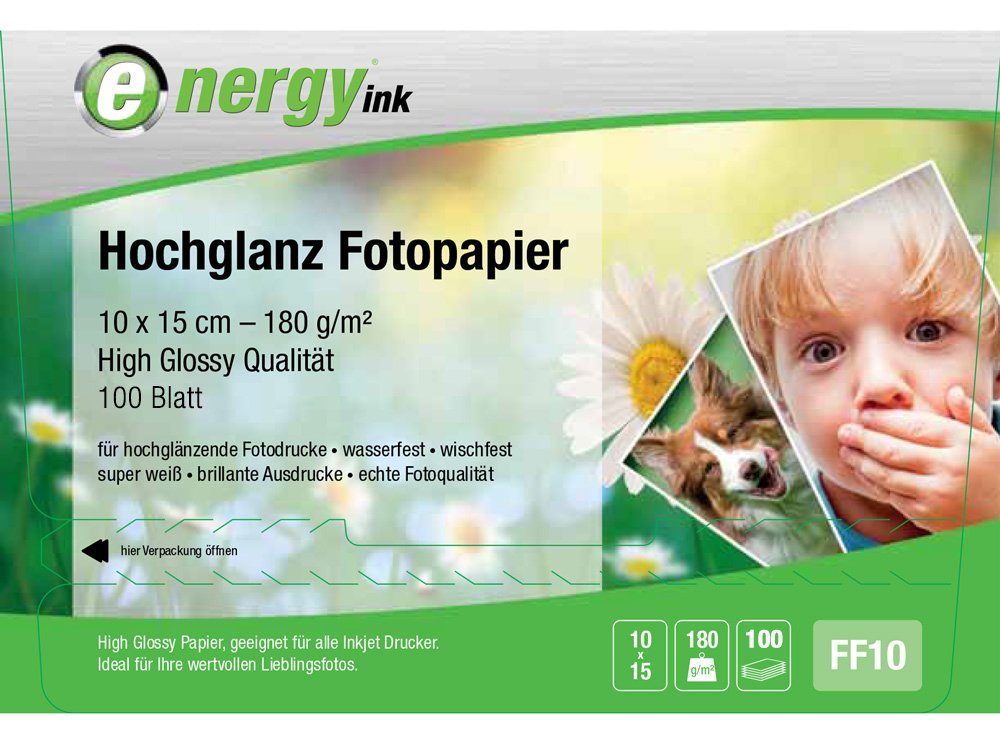 Energy-ink Fotopapier FF10, Fotopapier 10x15 cm - 180g - 100 Blatt glossy