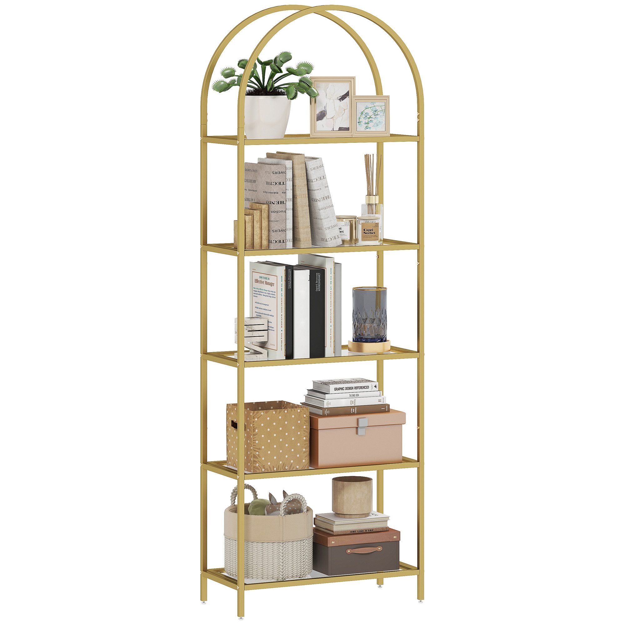 MC Star Bücherregal 5-stufiges, gewölbtes Glasregal für Wohnzimmer, Büro, Schlafzimmer, 60 x 30 x 175 cm, Gold