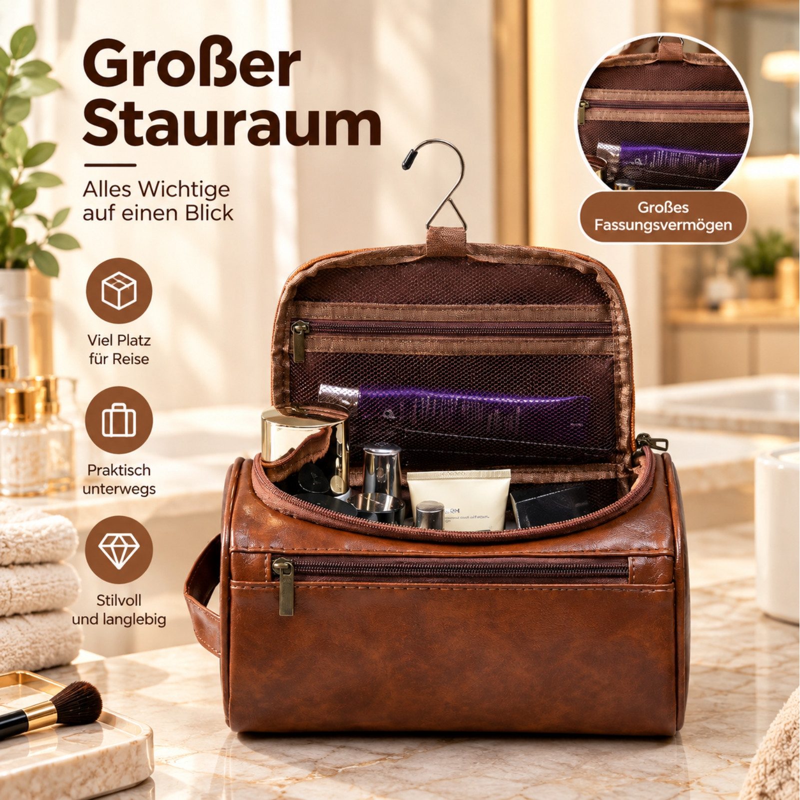 Jumpeak Kulturbeutel kulturtasche damen,kulturtasche damen gross,kulturbeutel herren, PU-Leder, dreifaches Lederdesign,kulturbeutel damen,Brauner – Bild 4 von 5