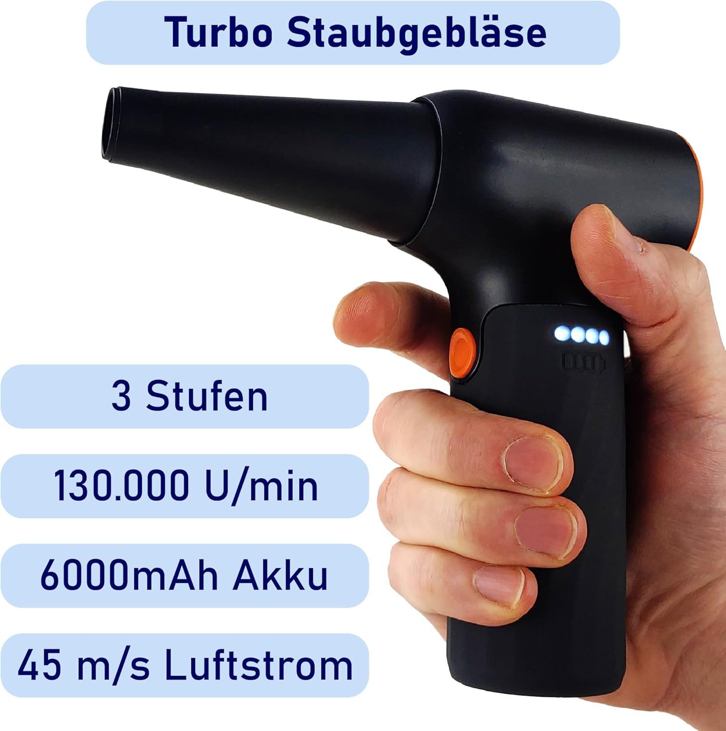 @tec Akku-Gebläse Akku Staubgebläse mit USB Schnellladung mit 6000mah Air Duster, 3-Gang-Einstellung, 6000mah Akku, 130000 U/min – Bild 3 von 5
