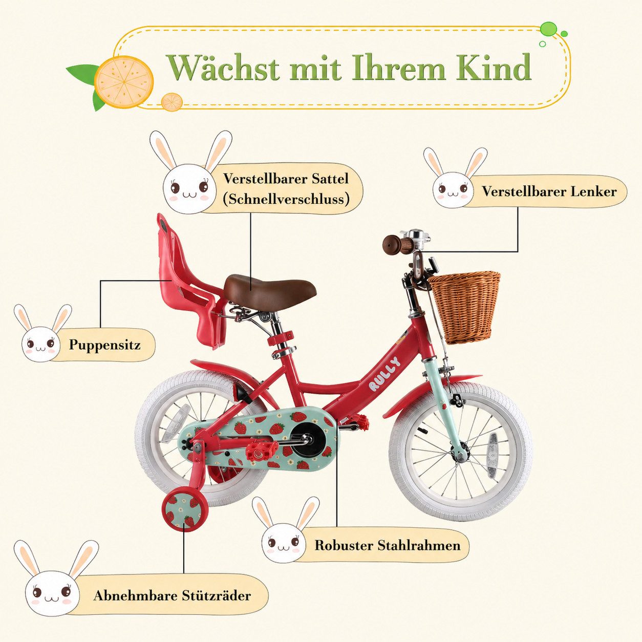 RULLY Kinderfahrrad Kinderfahrrad für Mädchen 12/14/16 Zoll, 2–7 Jahre, 1 Gang, Mit Lenkerkorb, Puppensitz und abnehmbaren Stützrädern