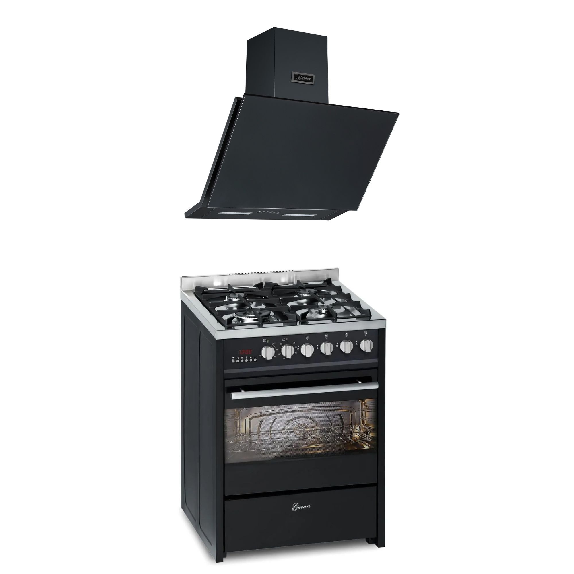 GURARI Gas-Standherd 60 cm Schwarze Gasherd mit Elektrobackofen 60 L Range Coocker+Dunstabzugshaube 60cm 1250m³/h Schwarz matt GCH E 610 BL +AT 6455 s, mit 1-fach-Teleskopauszug, Gas Elektro Standherd 60 cm Erdgas, Fl.Gas 4 Kw WOK, 60 L