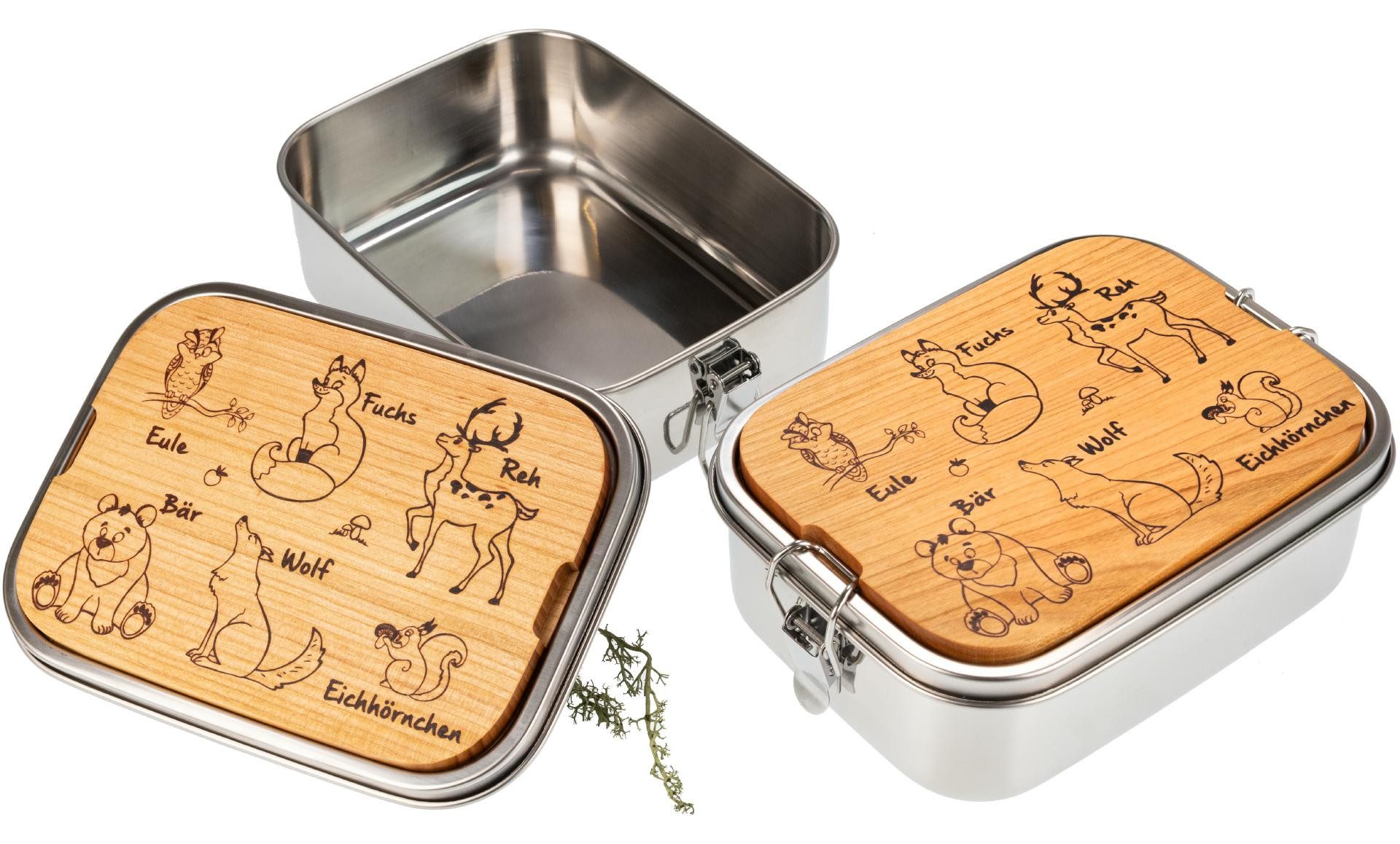 Holz Frank Lunchbox Edelstahl Lunchbox 1200ml mit FSC® Kirschholzbrett Lernmotiv Waldtiere, Edelstahl, Premium 316 Edelstahl