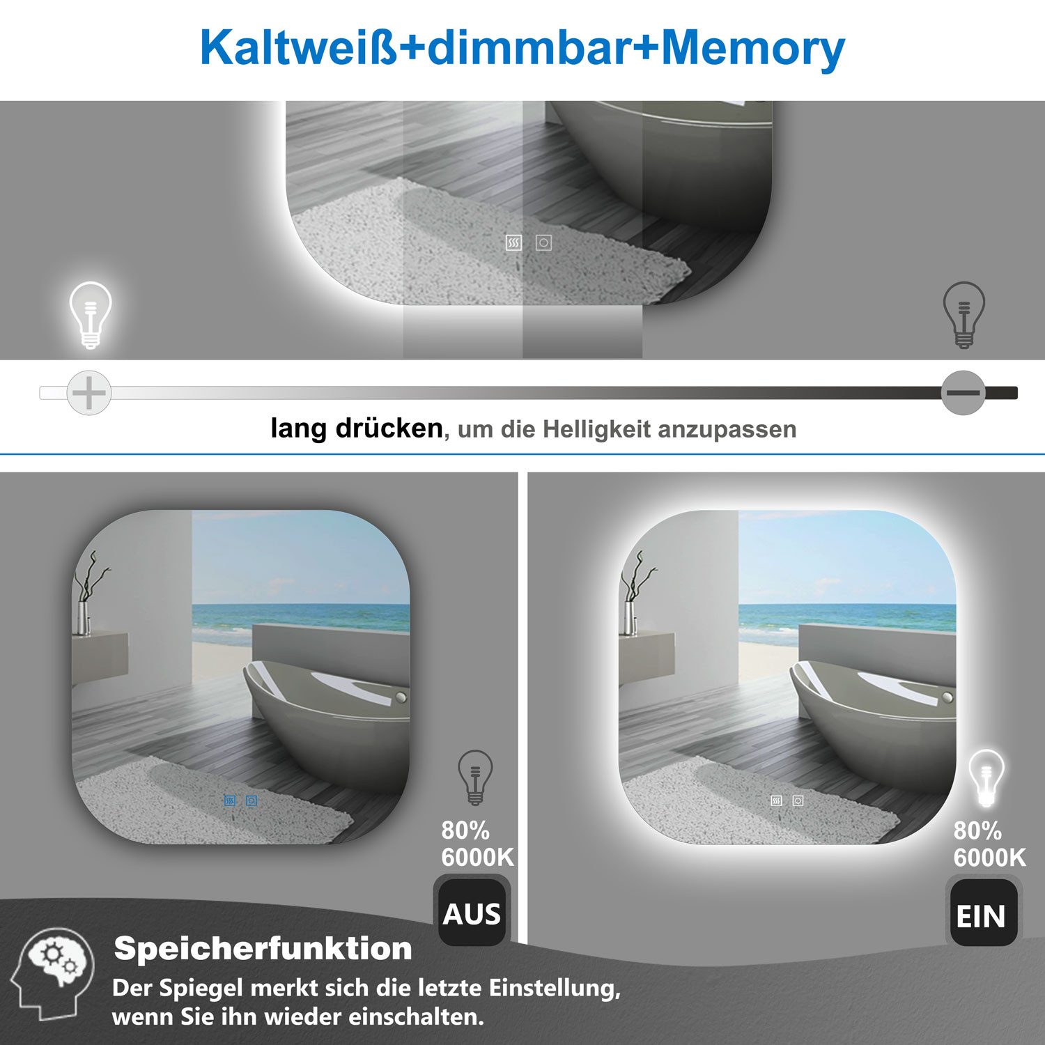 duschspa Badspiegel Spiegel mit LED Beleuchtung dimmbar 40-120cm, Touch oder Wandschalter – Bild 4 von 5