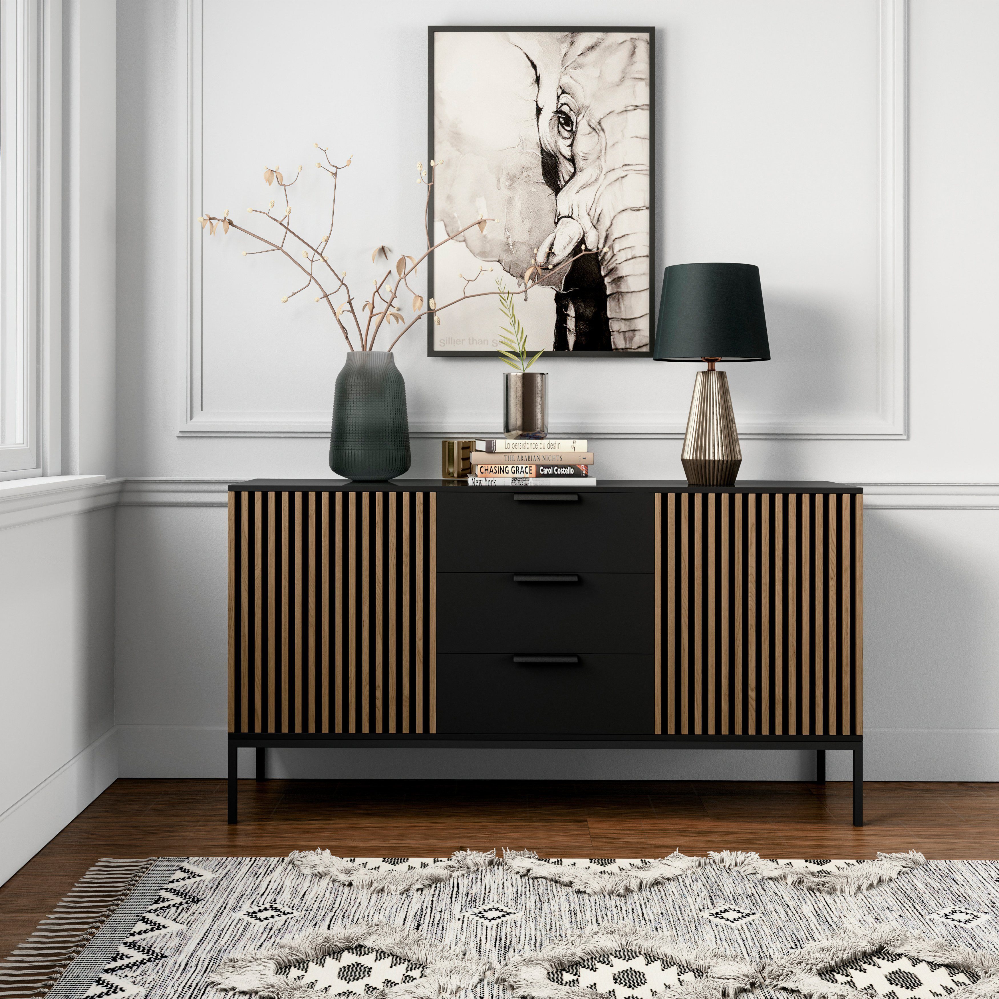 MOEBLO Kommode Meteor (Stilvolle Kommode in Artisan Eiche / Schwarz mit Schubladen, vielseitig als Highboard für Wohnzimmer & Schlafzimmer, artisan / schwarz mit Schubladen), (BxHxT):150x80x40 cm