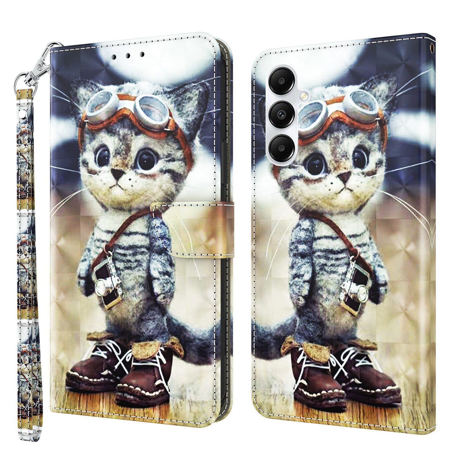 CLM-Tech Handytasche für Samsung Galaxy A37 5G Hülle aus PU Leder Klapphülle (Katze Pilot, 1-tlg., Flip Case), Magnetverschluss, Standfunktion und Kartenfächer