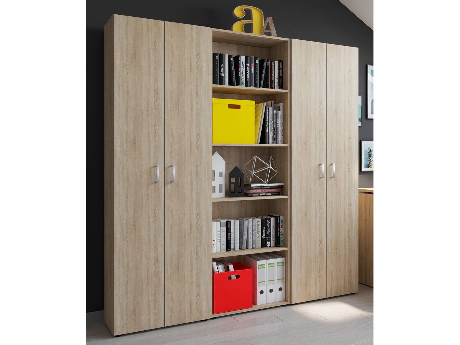 möbelando Aktenschrank Trio Zeitlose 186,5 und Regal Sonoma/Eiche ca. Multi-Kombi Tiefe Nachbildung Spanplatte cm, cm, in aus 1 171 Breite aus 34,5 cm Schränken. 2 Stellmaß bestehend Höhe