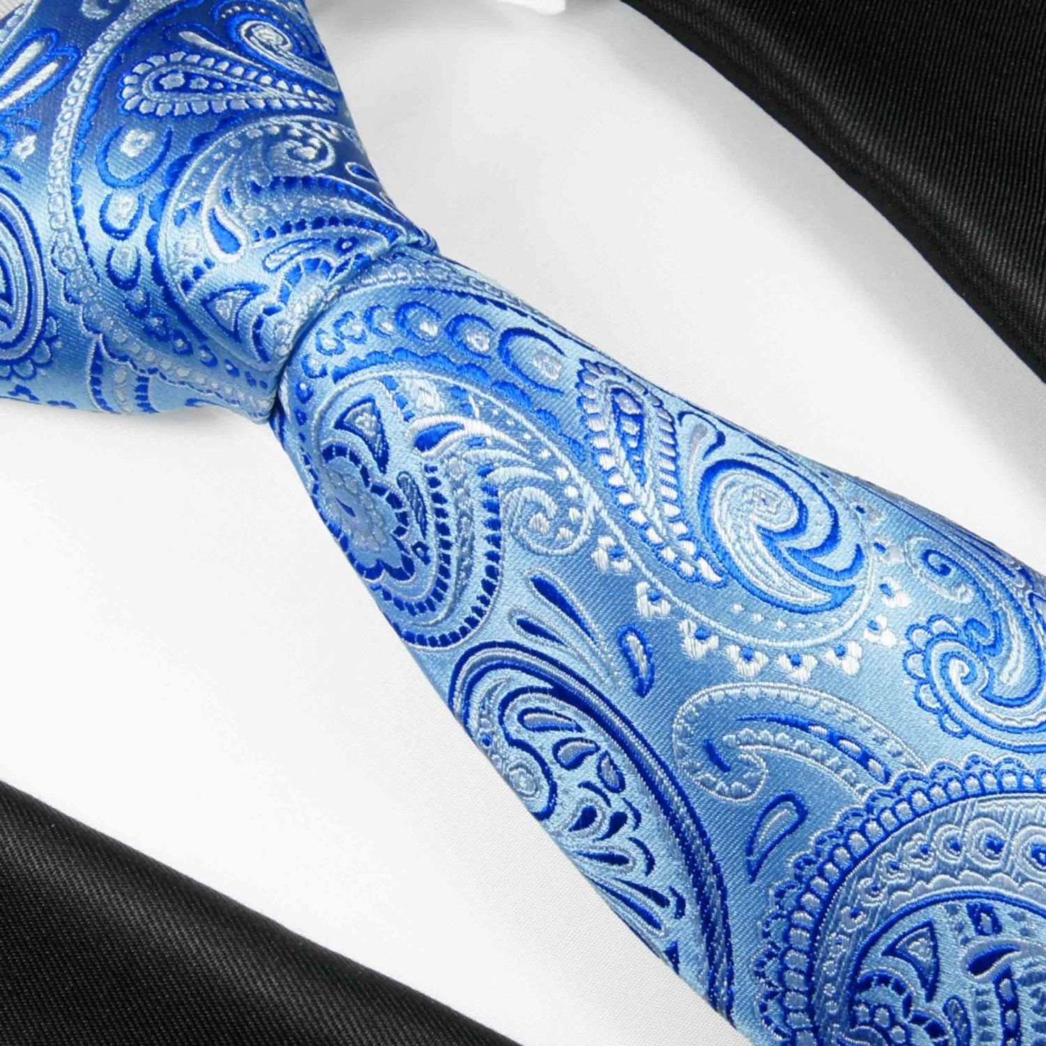 Paul Malone 2102 mit Seide 100% Krawatte Seidenkrawatte Herren Krawatte modern Einstecktuch) paisley Tuch mit Breit (8cm), blau 2-St., (Set,