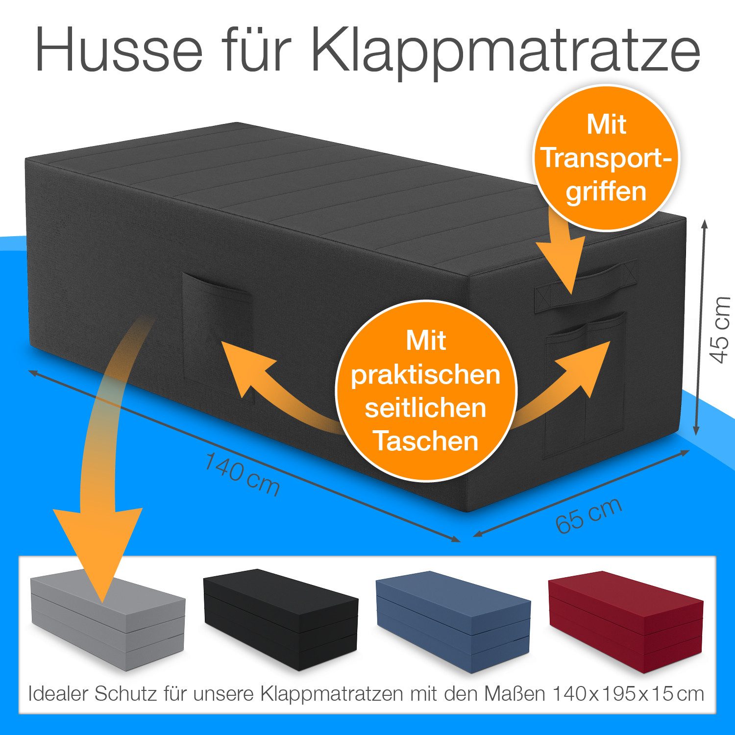 ELONEO Betthusse für Klappmatratze, mit seitlichen Taschen, Transportgriffen, Matratzenschutz – Bild 2 von 5