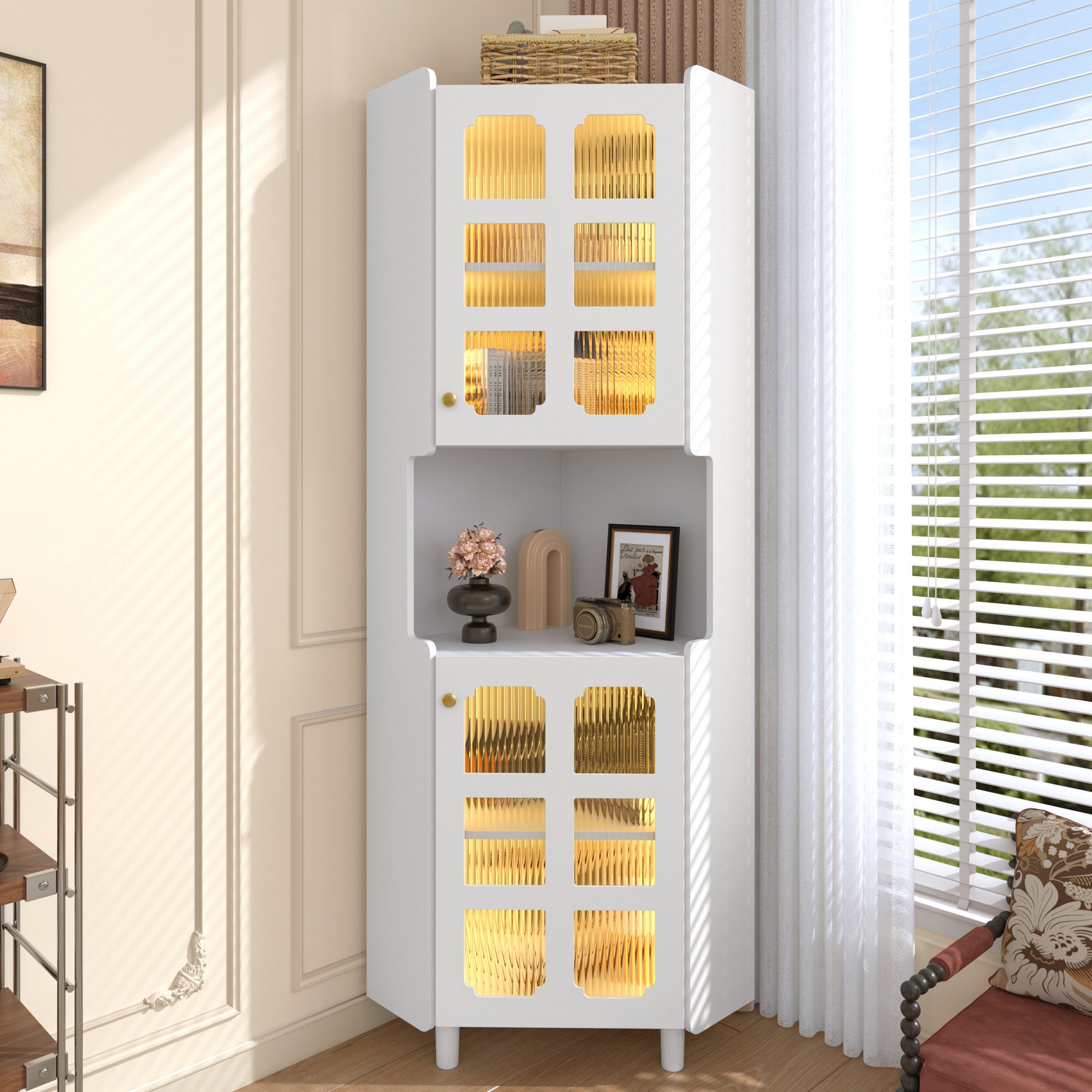 Odikalo Eckschrank Ecken-Kommode mit LED für Wohnzimmer, Schlafzimmer, Esszimmer (Eck-Schrank mit Lackschicht & LED-Beleuchtung, MDF-Platte mit Lackoberfläche) 63,5 cm (Breite) × 157,5 cm (Höhe)
