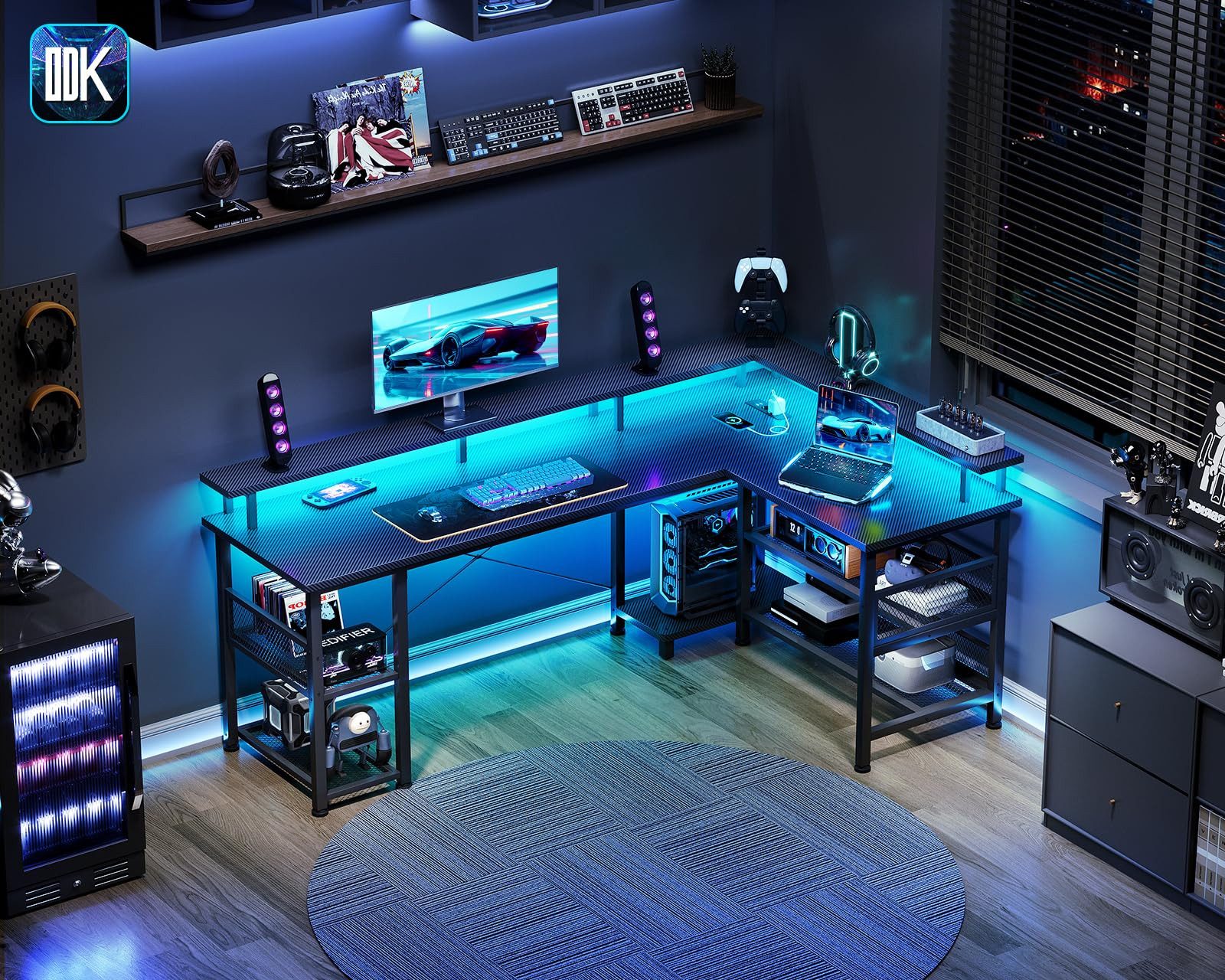 ODK Gamingtisch mit LED-Beleuchtung, 150cm Reversibler Eckschreibtisch, L-Form (1-St), Multifunktionaler Tisch mit Steckdosen & USB, Schwarz Kohlefaser-Optik